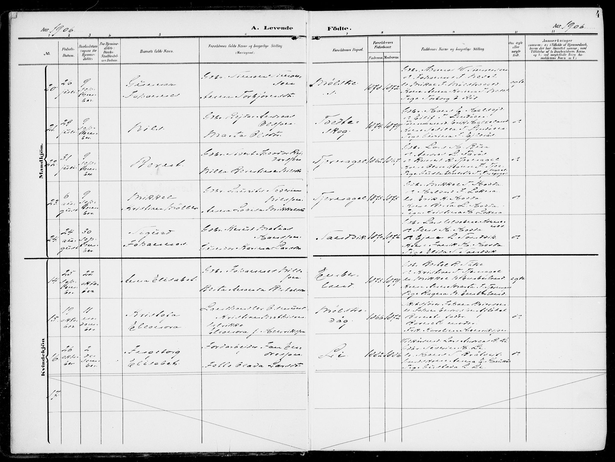 Sveio Sokneprestembete, SAB/A-78501/H/Haa: Parish register (official) no. B  4, 1906-1919, p. 4