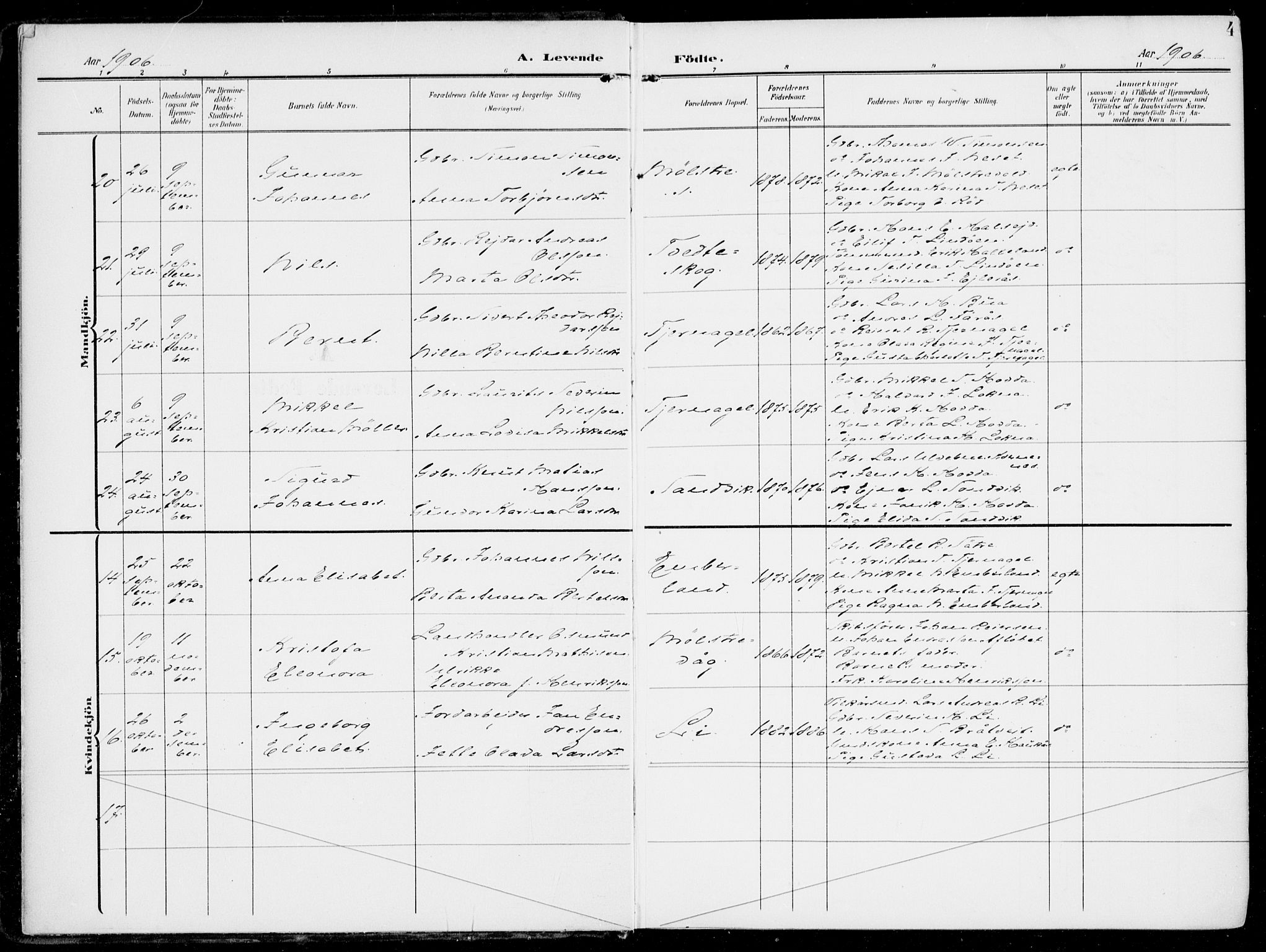 Sveio Sokneprestembete, AV/SAB-A-78501/H/Haa: Parish register (official) no. B  4, 1906-1919, p. 4