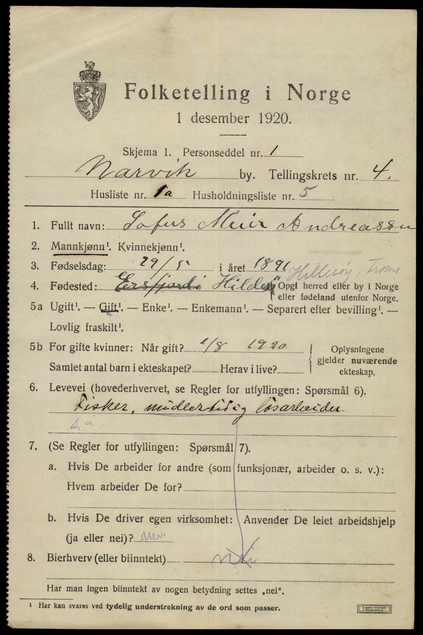 SAT, 1920 census for Narvik, 1920, p. 14314