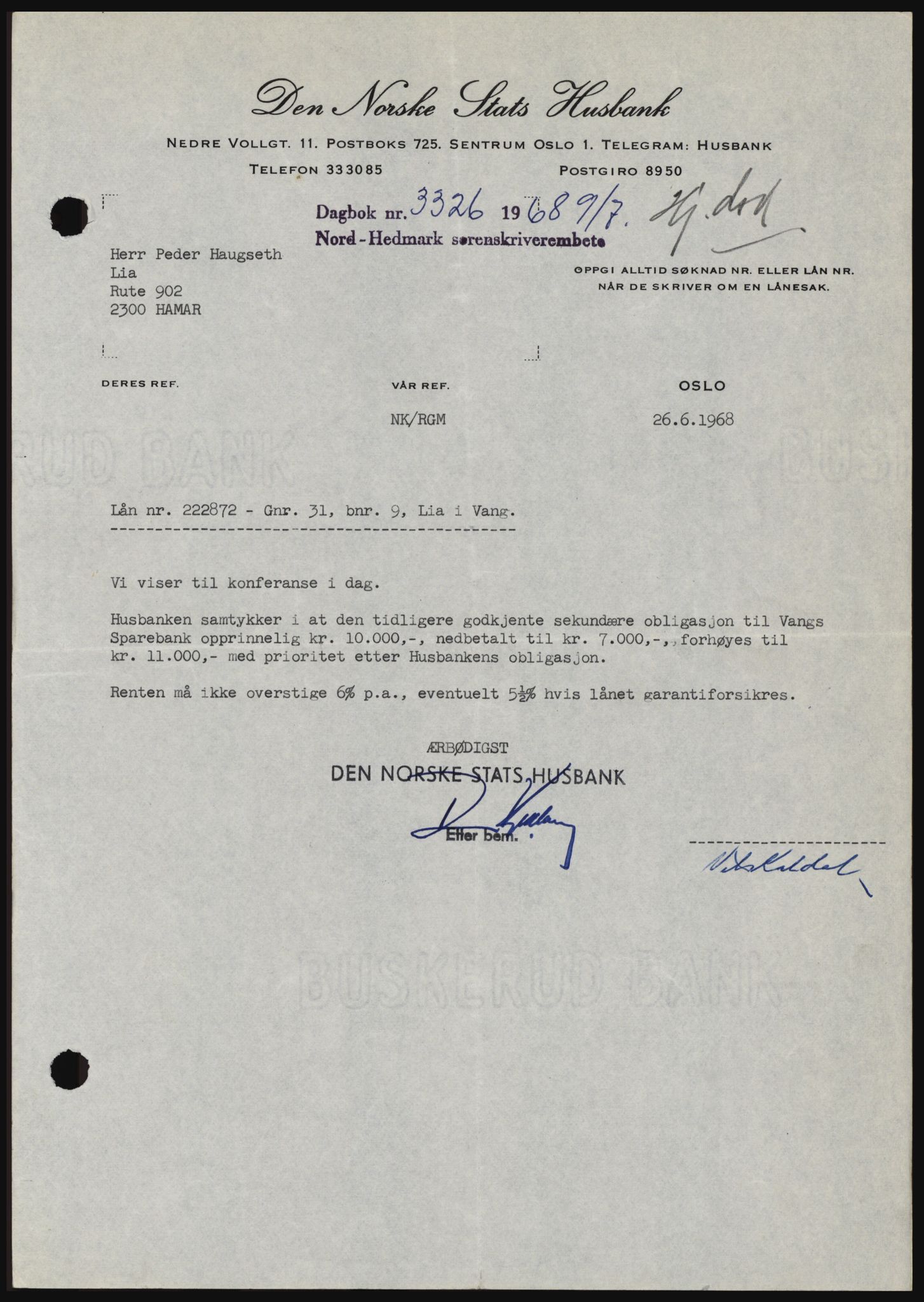 Nord-Hedmark sorenskriveri, SAH/TING-012/H/Hc/L0028: Mortgage book no. 28, 1968-1968, Diary no: : 3326/1968