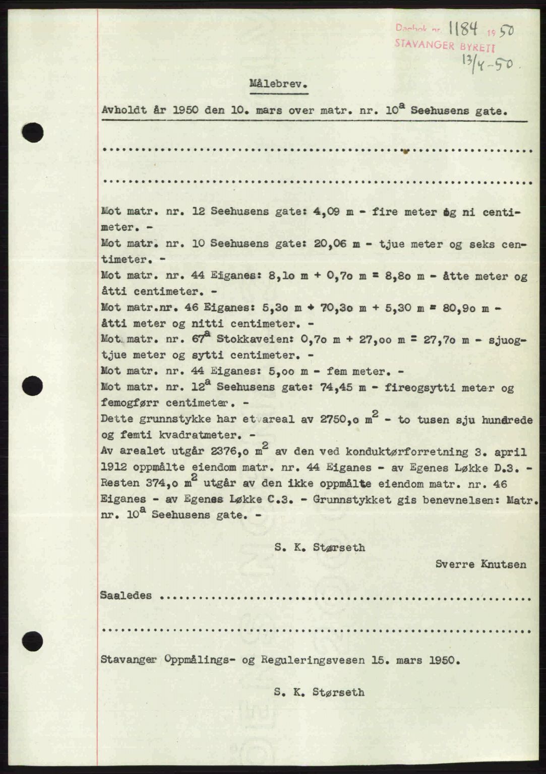 Stavanger byrett, SAST/A-100455/002/G/Gb/L0024: Mortgage book no. A13, 1949-1950, Diary no: : 1184/1950