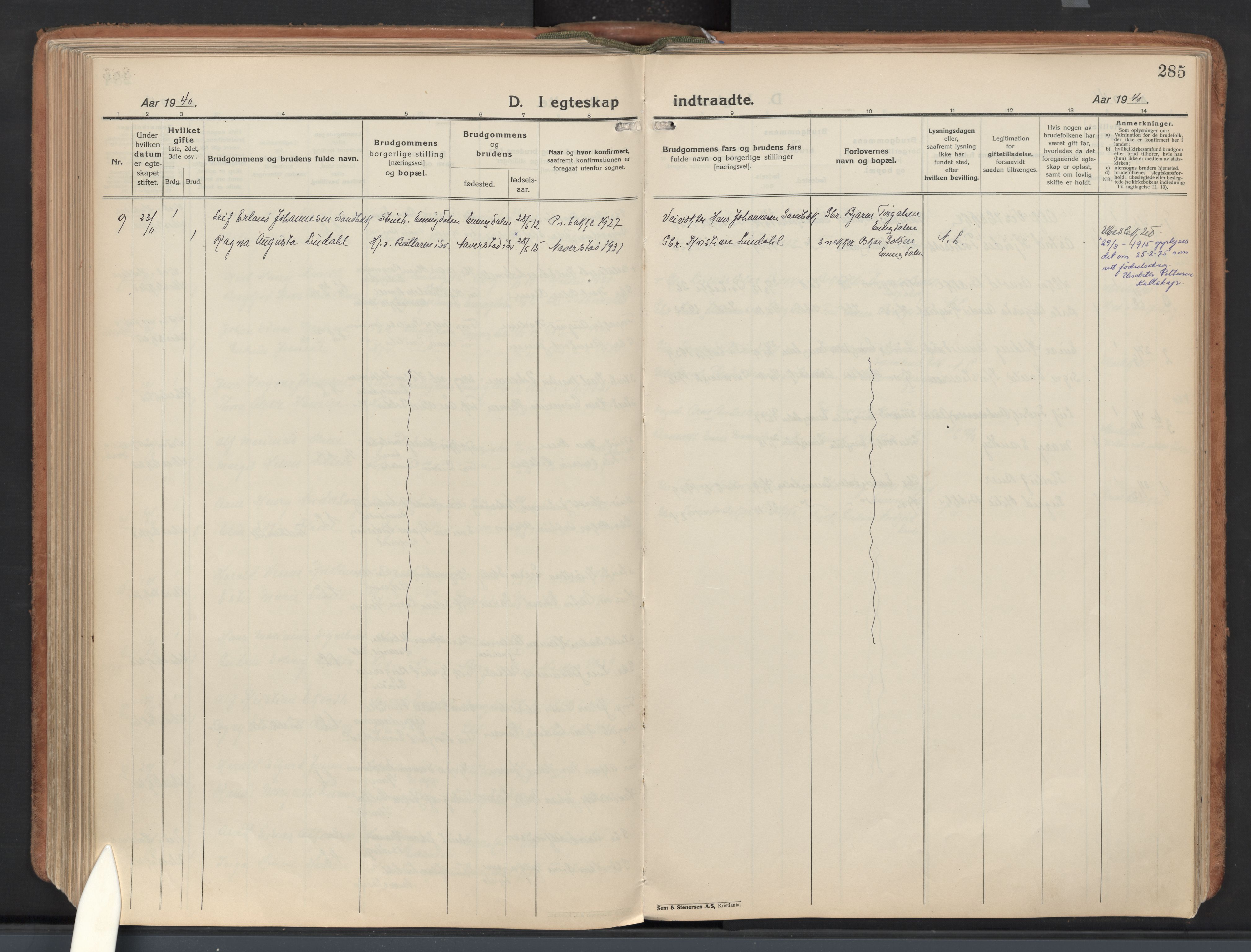 Idd prestekontor Kirkebøker, SAO/A-10911/F/Fb/L0003: Parish register (official) no. II 3, 1923-1972, p. 285