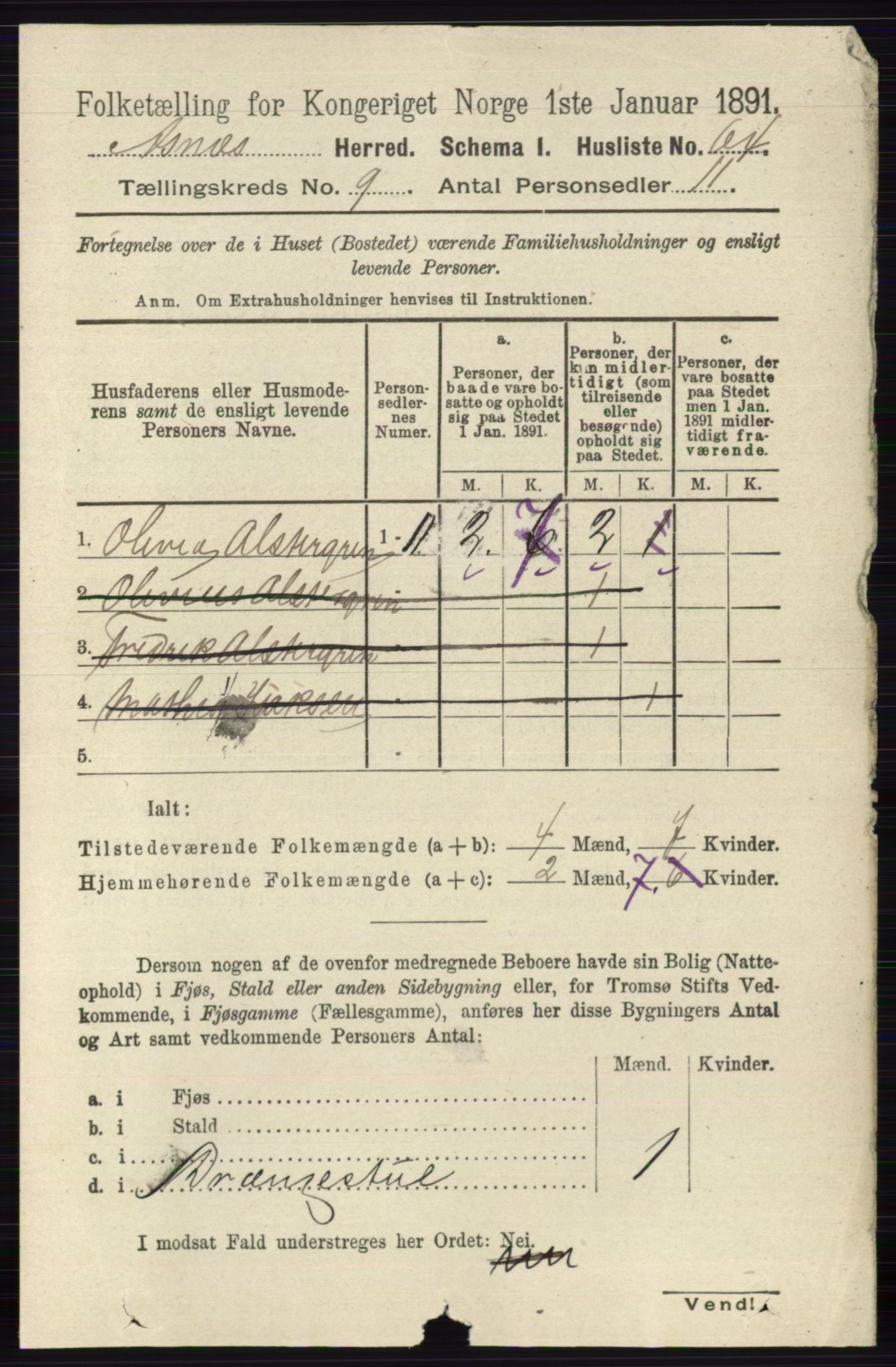 RA, 1891 census for 0425 Åsnes, 1891, p. 4611