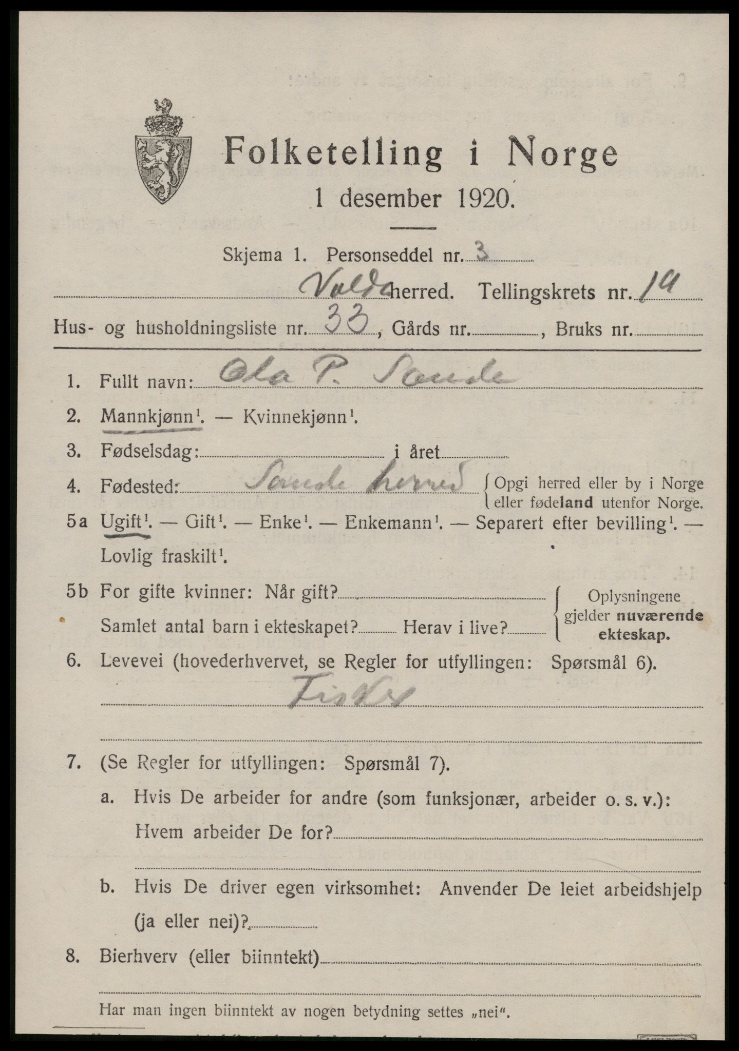 SAT, 1920 census for Volda, 1920, p. 10506