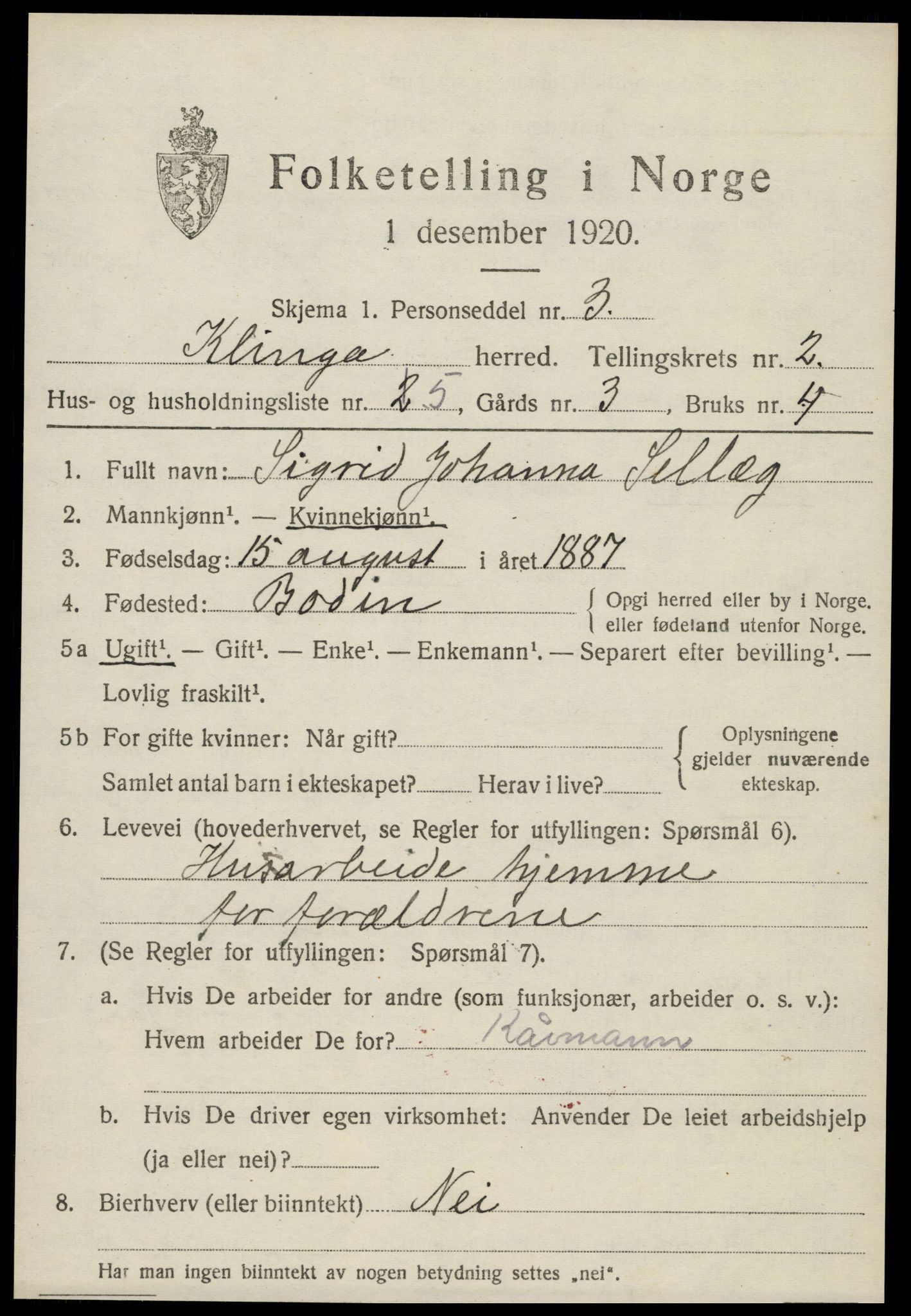SAT, 1920 census for Klinga, 1920, p. 1453