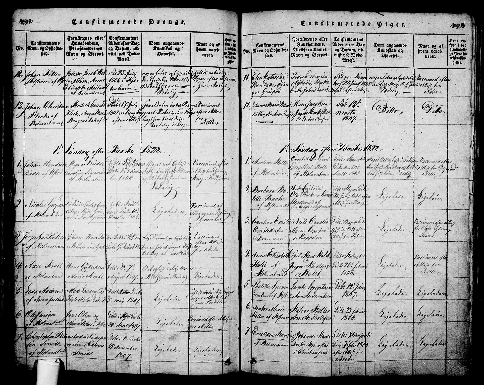 Holmestrand kirkebøker, SAKO/A-346/G/Ga/L0001: Parish register (copy) no. 1, 1814-1848, p. 492-493