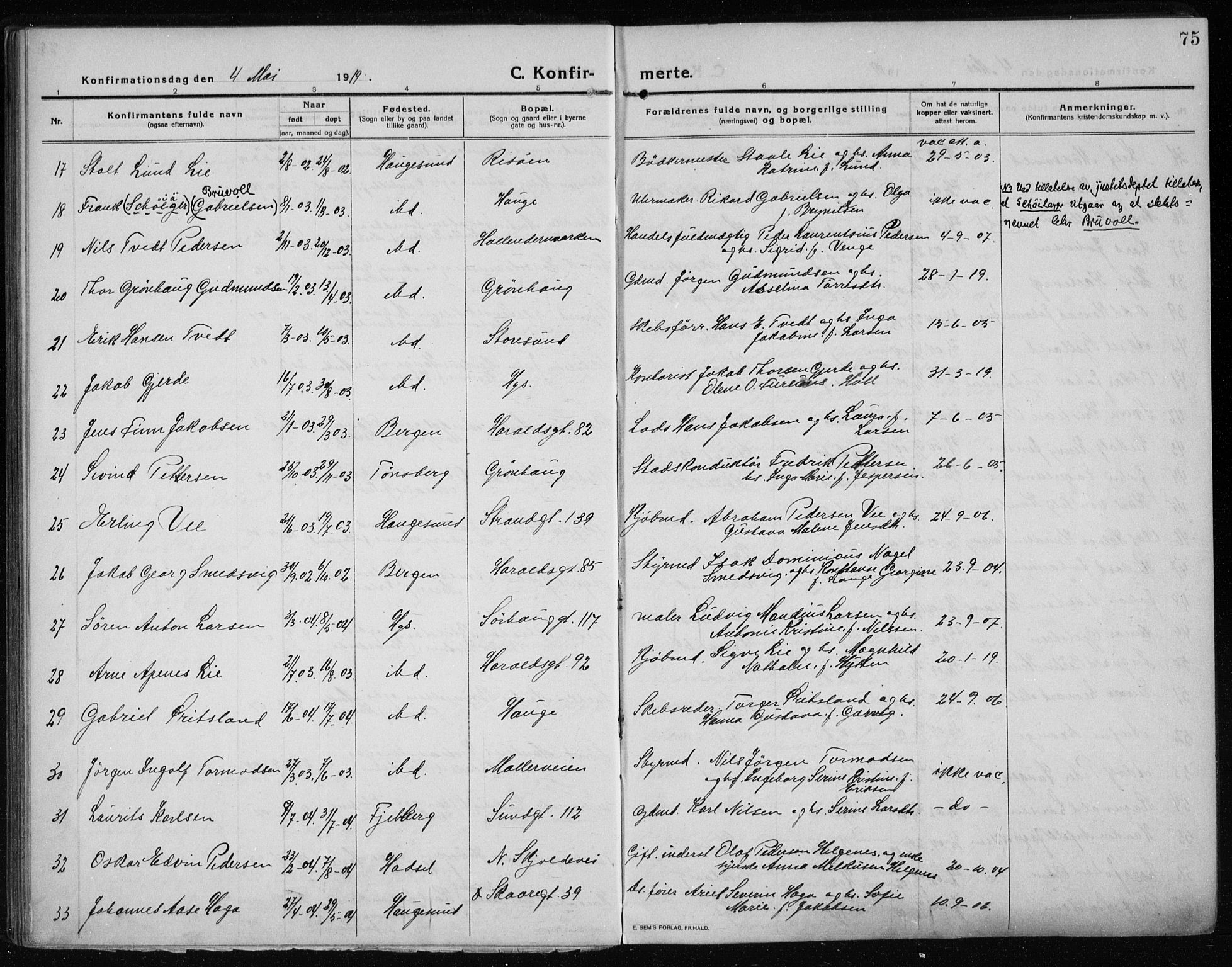 Haugesund sokneprestkontor, SAST/A -101863/H/Ha/Haa/L0009: Parish register (official) no. A 9, 1914-1929, p. 75