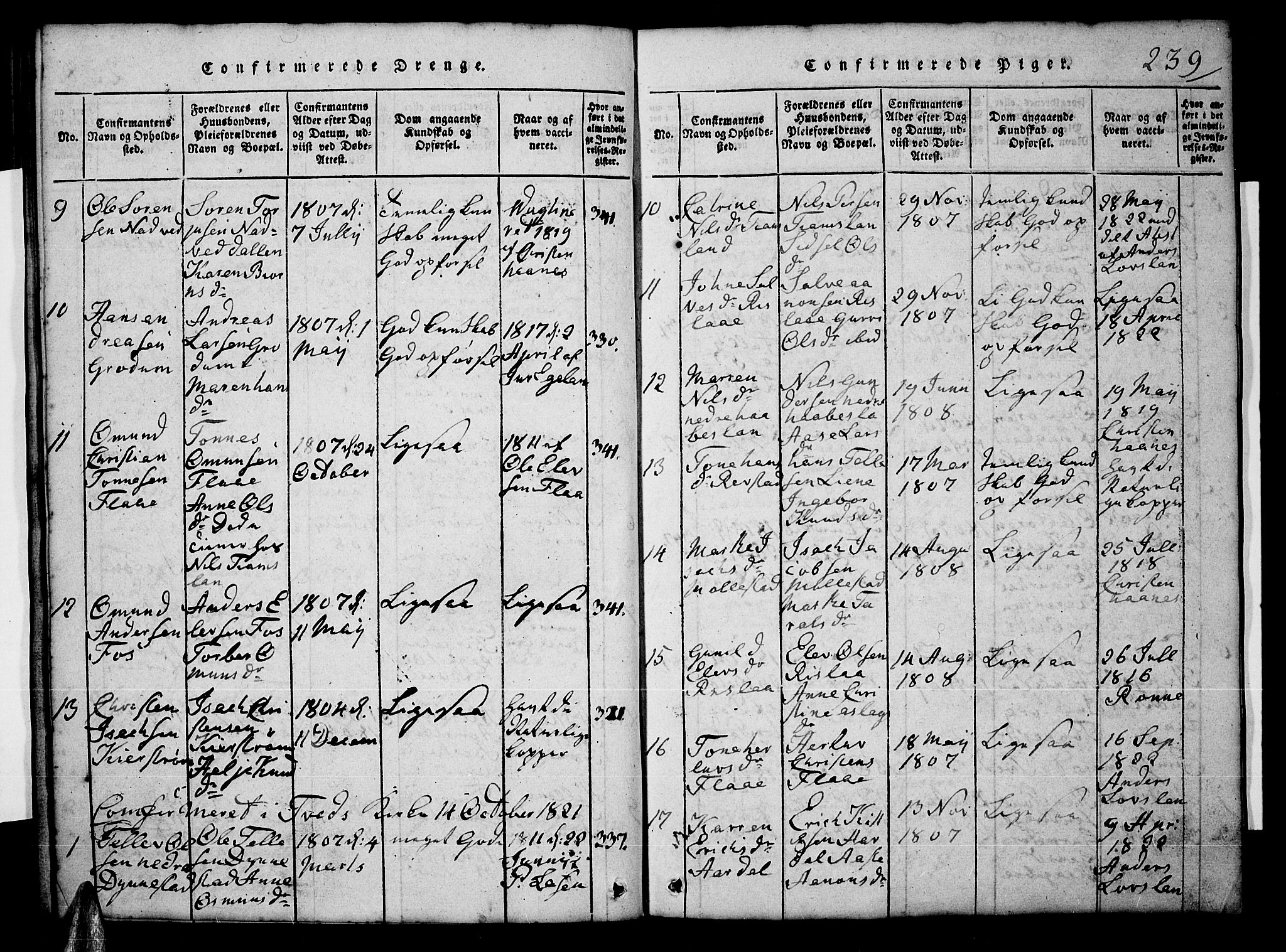 Tveit sokneprestkontor, AV/SAK-1111-0043/F/Fb/L0001: Parish register (copy) no. B 1, 1820-1834, p. 239