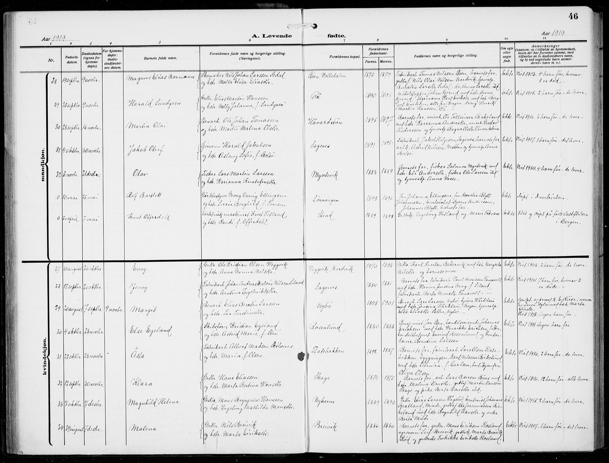 Fana Sokneprestembete, AV/SAB-A-75101/H/Hab/Haba/L0005: Parish register (copy) no. A 5, 1911-1932, p. 46