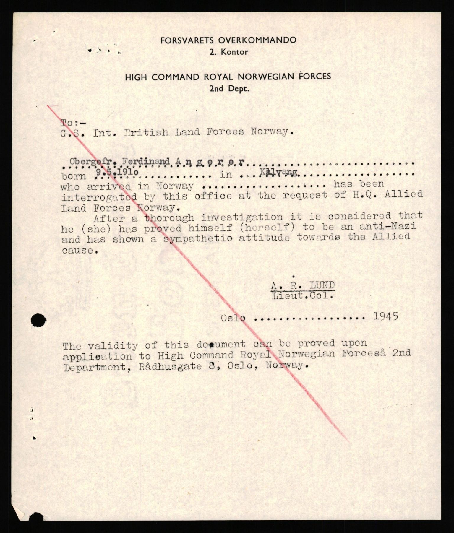 Forsvaret, Forsvarets overkommando II, RA/RAFA-3915/D/Db/L0038: CI Questionaires. Tyske okkupasjonsstyrker i Norge. Østerrikere., 1945-1946, p. 17