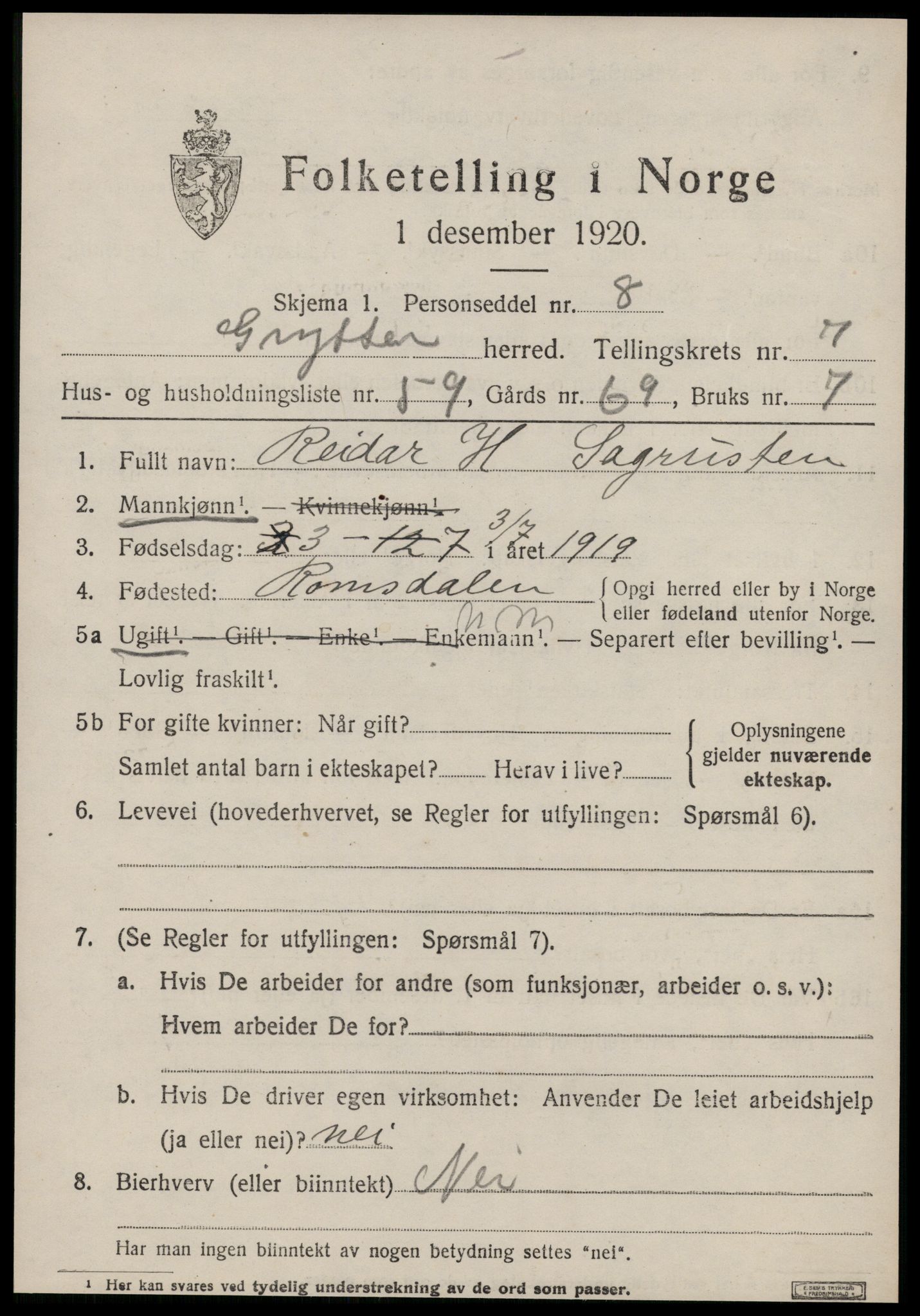 SAT, 1920 census for Grytten, 1920, p. 5820