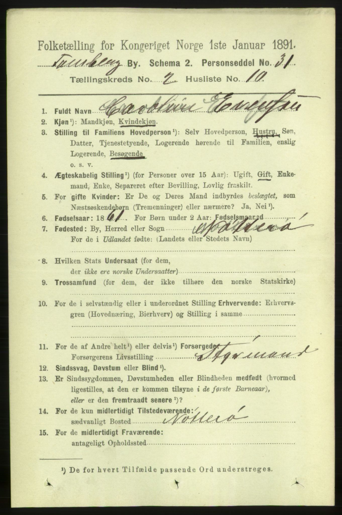 RA, 1891 census for 0705 Tønsberg, 1891, p. 1604