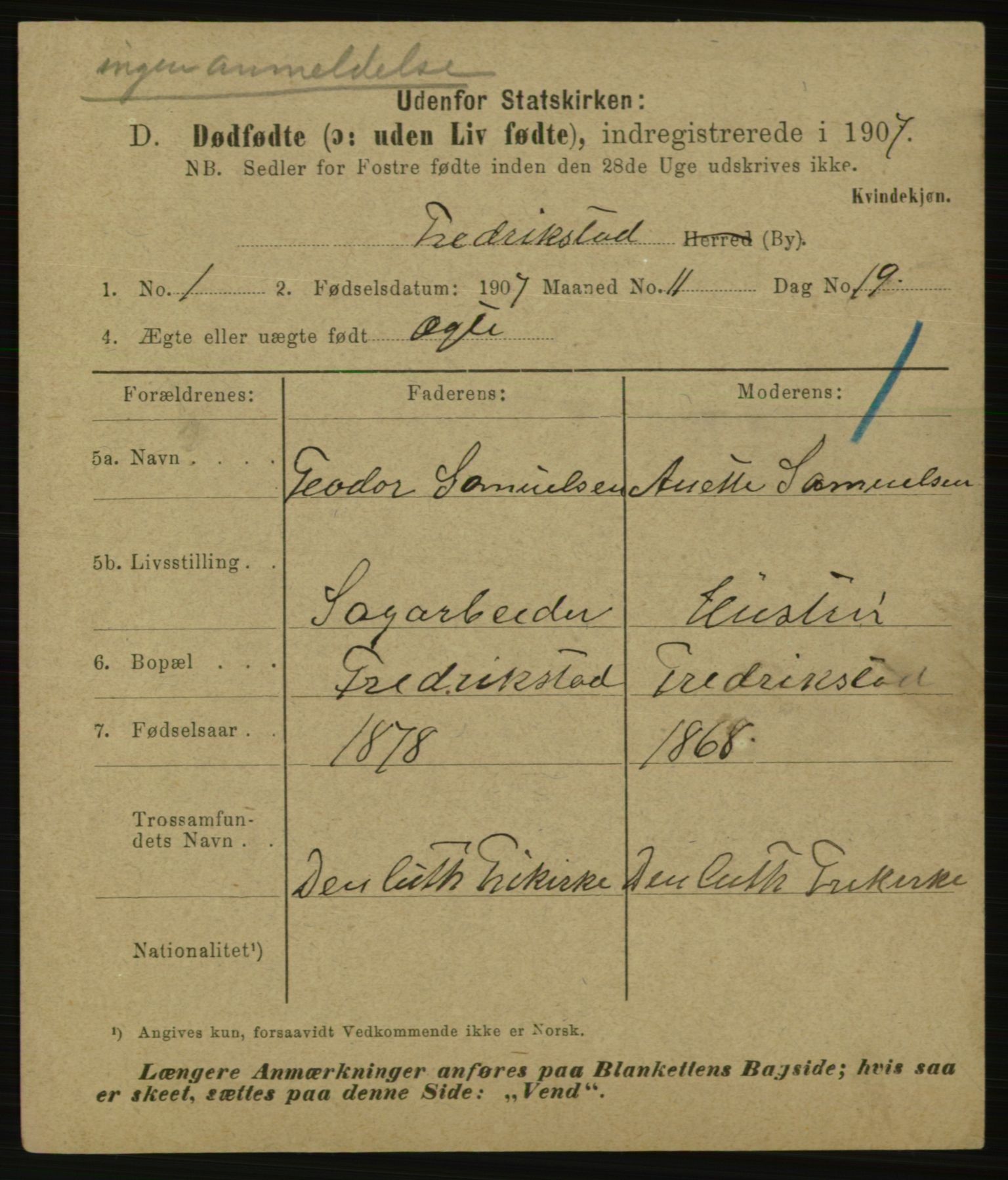 Statistisk sentralbyrå, Sosiodemografiske emner, Befolkning, AV/RA-S-2228/E/L0005: Fødte, gifte, døde dissentere., 1907, p. 3025