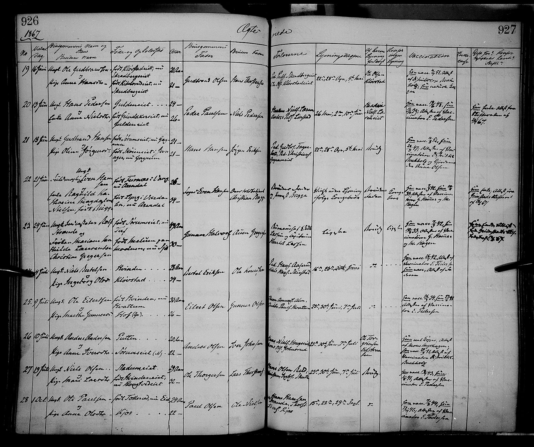 Gran prestekontor, AV/SAH-PREST-112/H/Ha/Haa/L0012: Parish register (official) no. 12, 1856-1874, p. 926-927