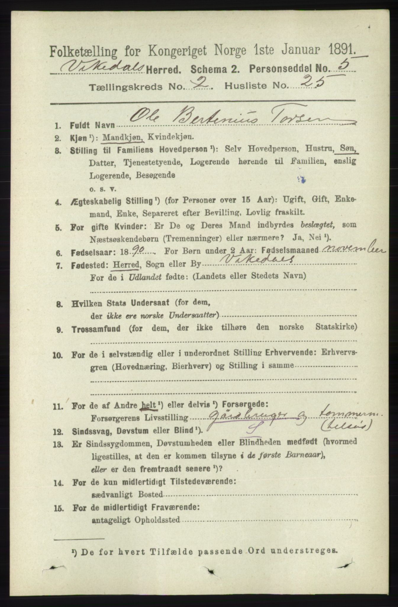 RA, 1891 census for 1157 Vikedal, 1891, p. 400
