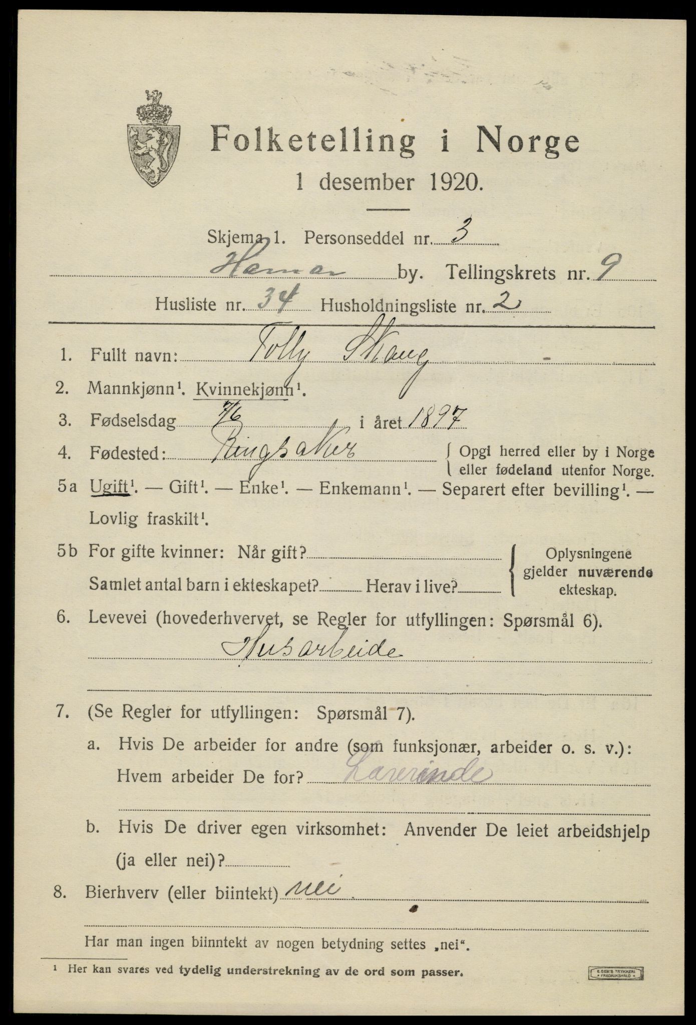 SAH, 1920 census for Hamar, 1920, p. 16815