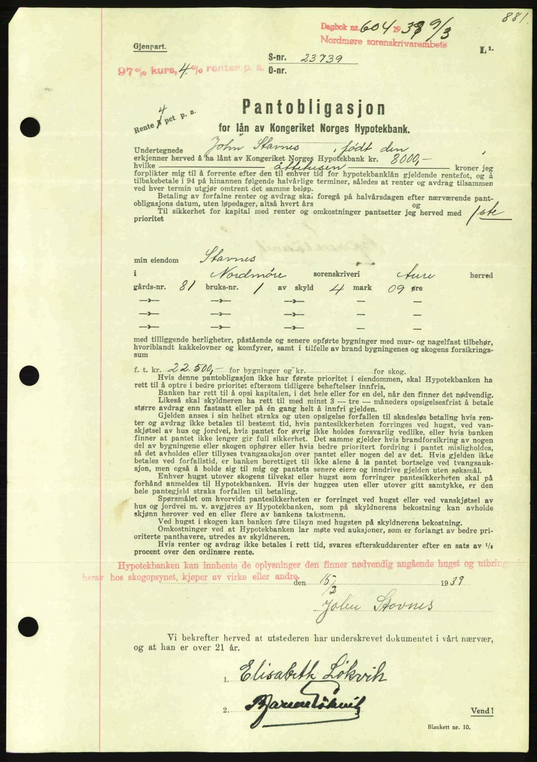 Nordmøre sorenskriveri, AV/SAT-A-4132/1/2/2Ca: Mortgage book no. B84, 1938-1939, Diary no: : 604/1939