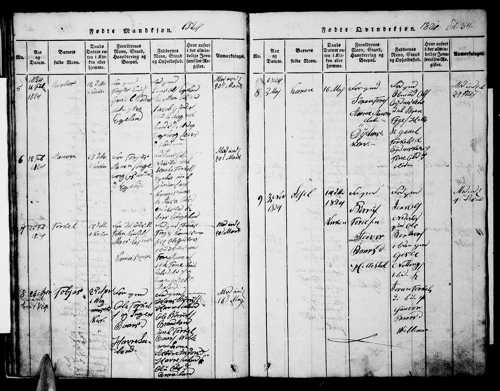 Nord-Audnedal sokneprestkontor, AV/SAK-1111-0032/F/Fb/Fba/L0001: Parish register (copy) no. B 1, 1815-1856, p. 34