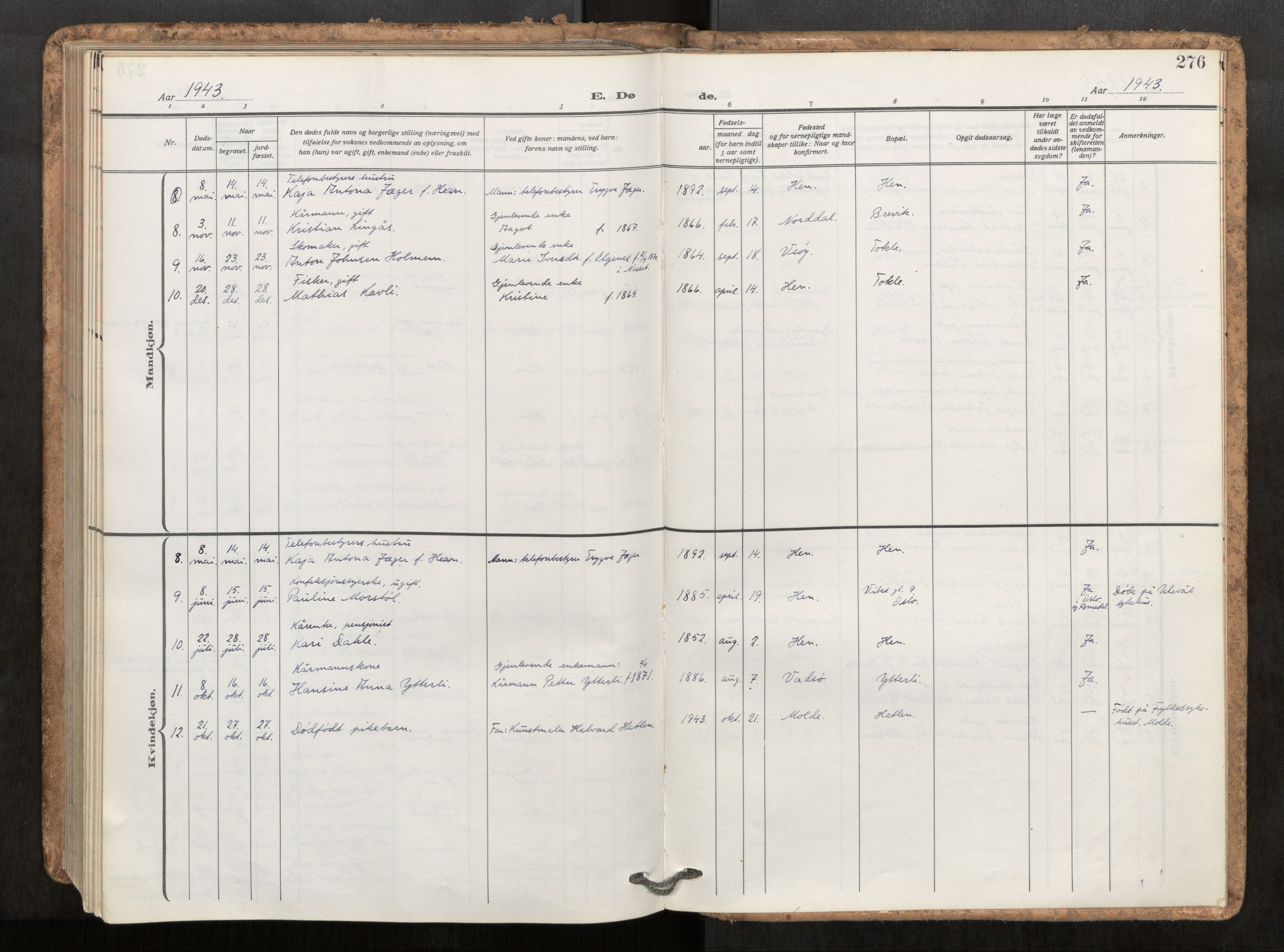 Ministerialprotokoller, klokkerbøker og fødselsregistre - Møre og Romsdal, SAT/A-1454/545/L0596: Parish register (official) no. 545A04, 1921-1956, p. 276