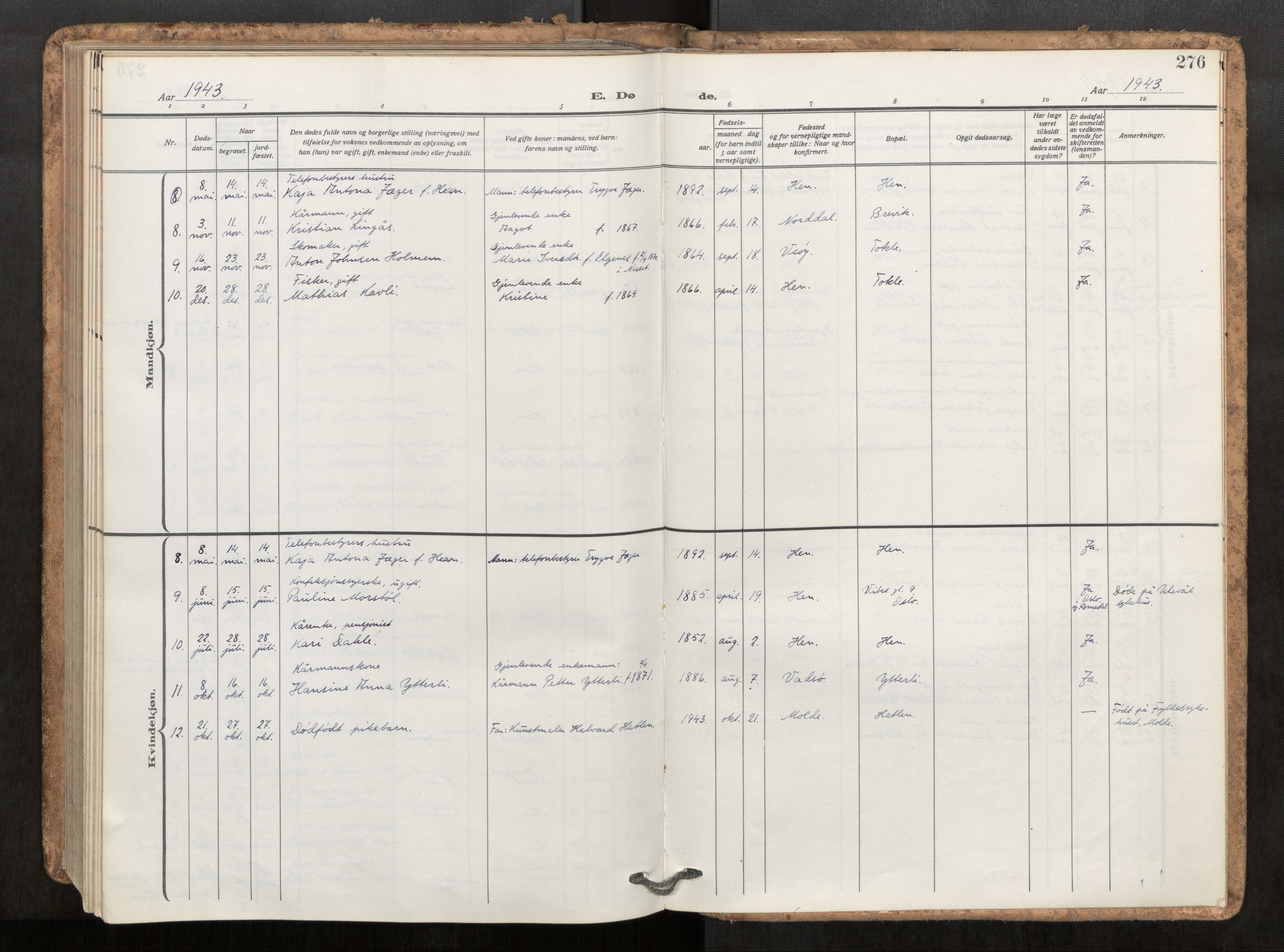 Ministerialprotokoller, klokkerbøker og fødselsregistre - Møre og Romsdal, AV/SAT-A-1454/545/L0596: Parish register (official) no. 545A04, 1921-1956, p. 276