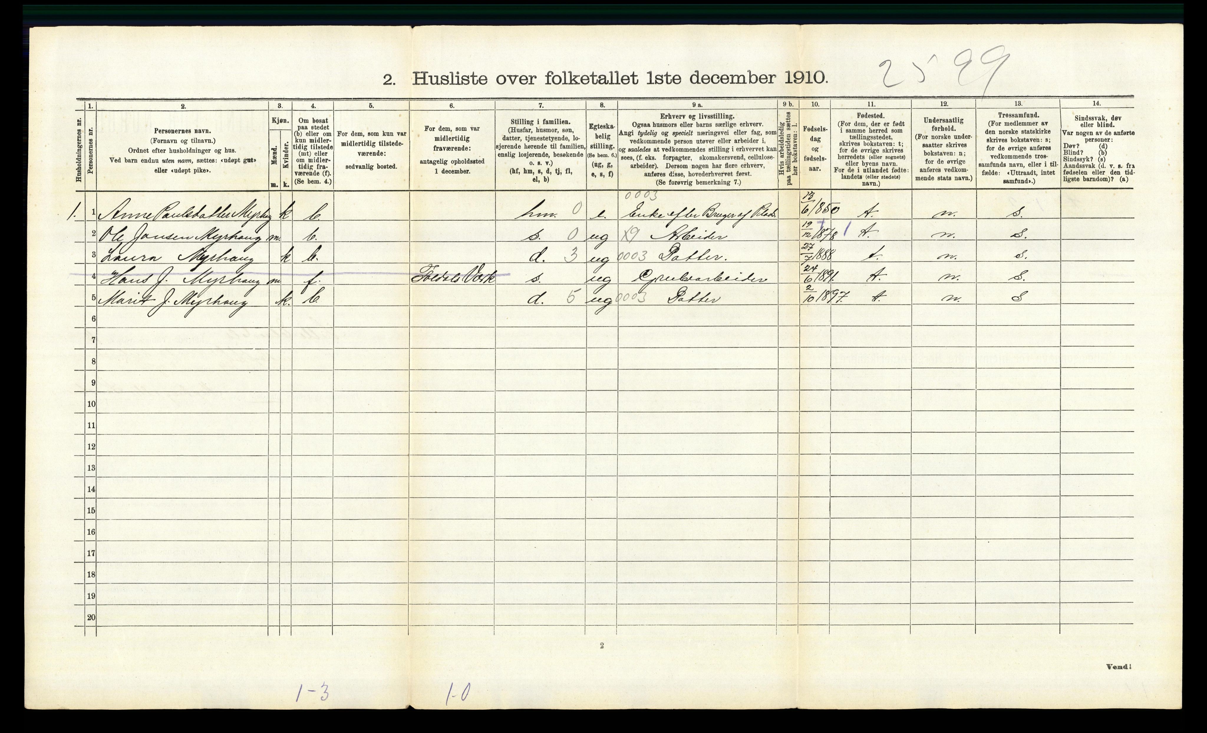 RA, 1910 census for Lille Elvedalen, 1910, p. 1258