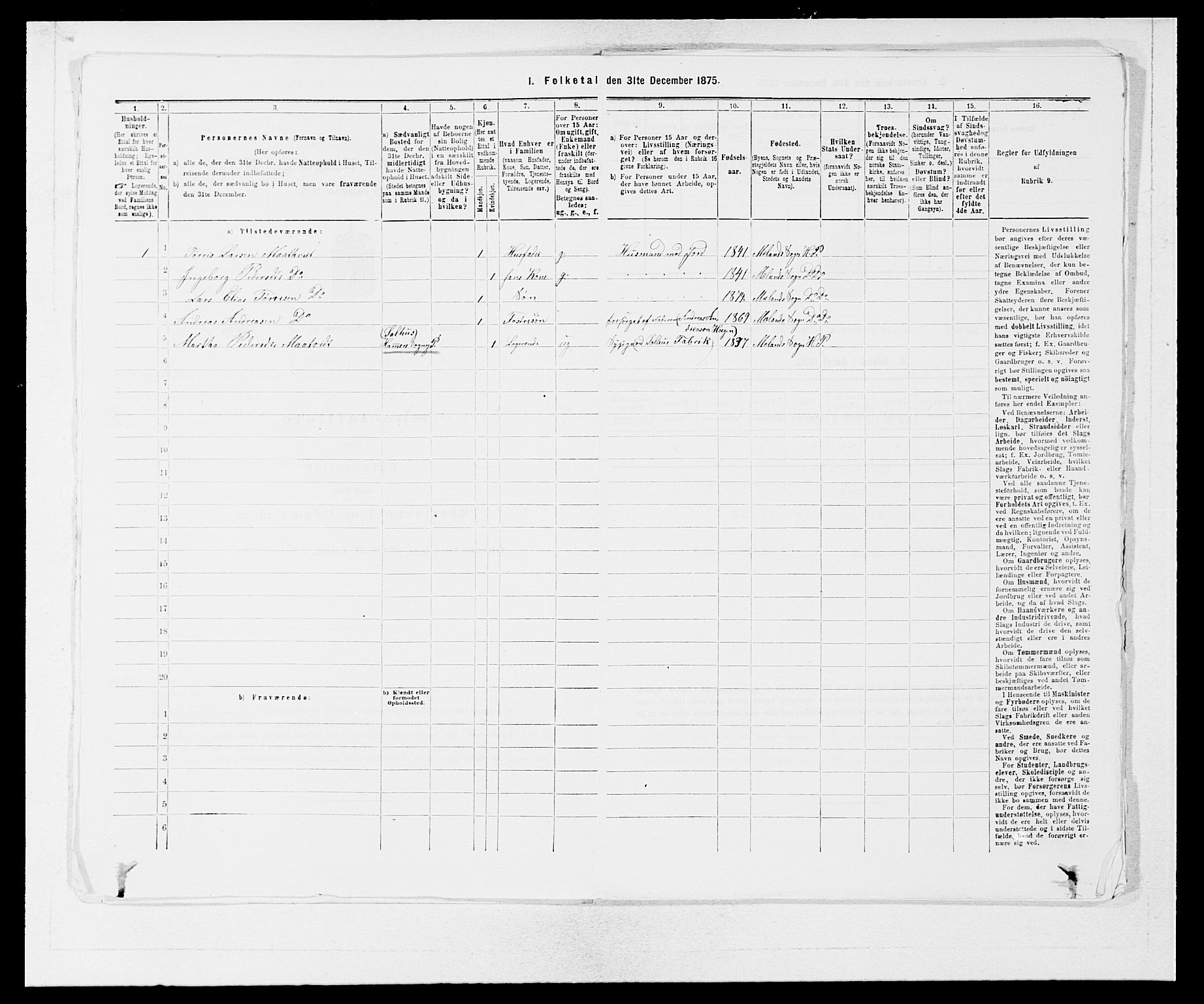 SAB, 1875 census for 1254P Hamre, 1875, p. 312