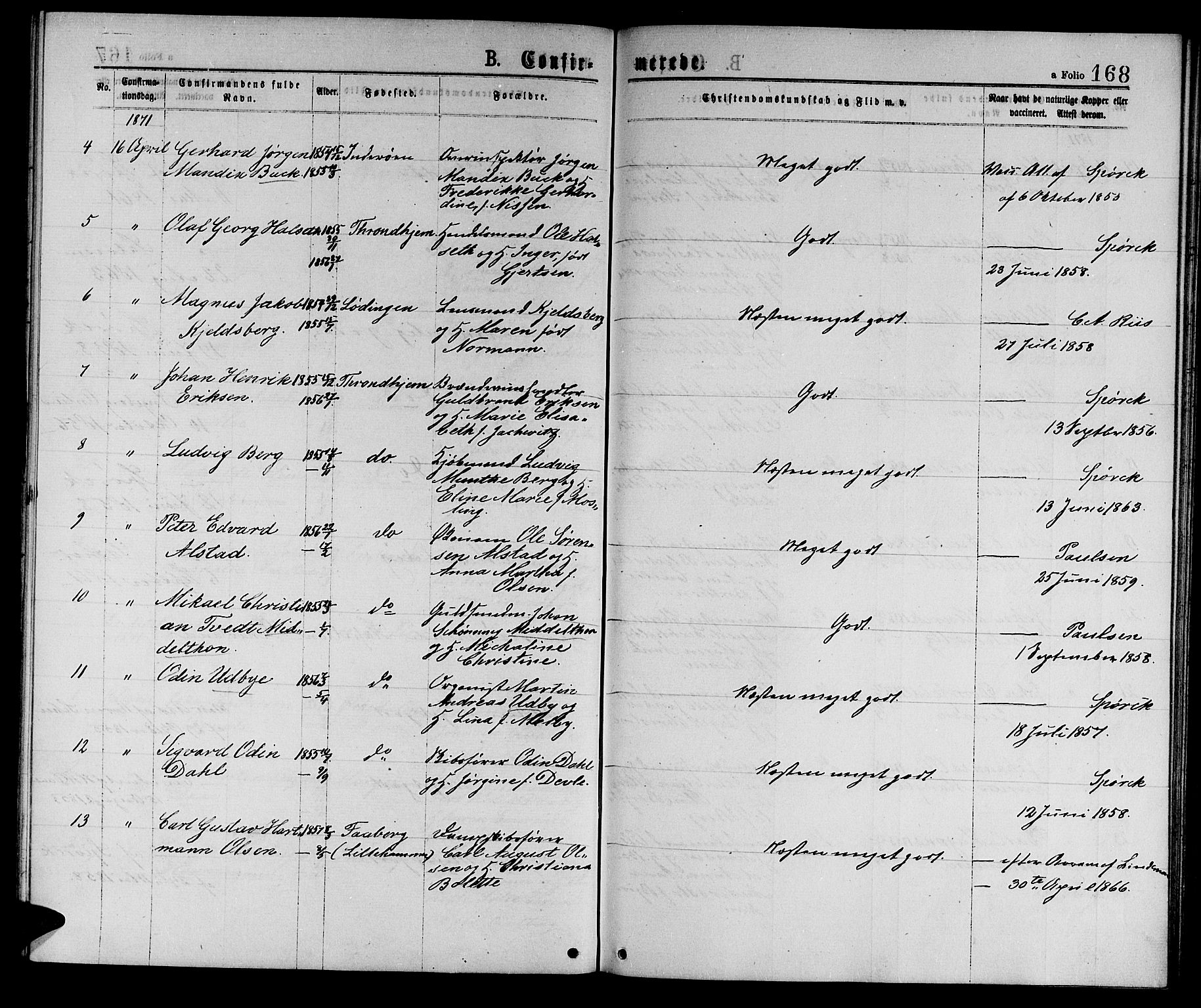 Ministerialprotokoller, klokkerbøker og fødselsregistre - Sør-Trøndelag, SAT/A-1456/601/L0088: Parish register (copy) no. 601C06, 1870-1878, p. 168