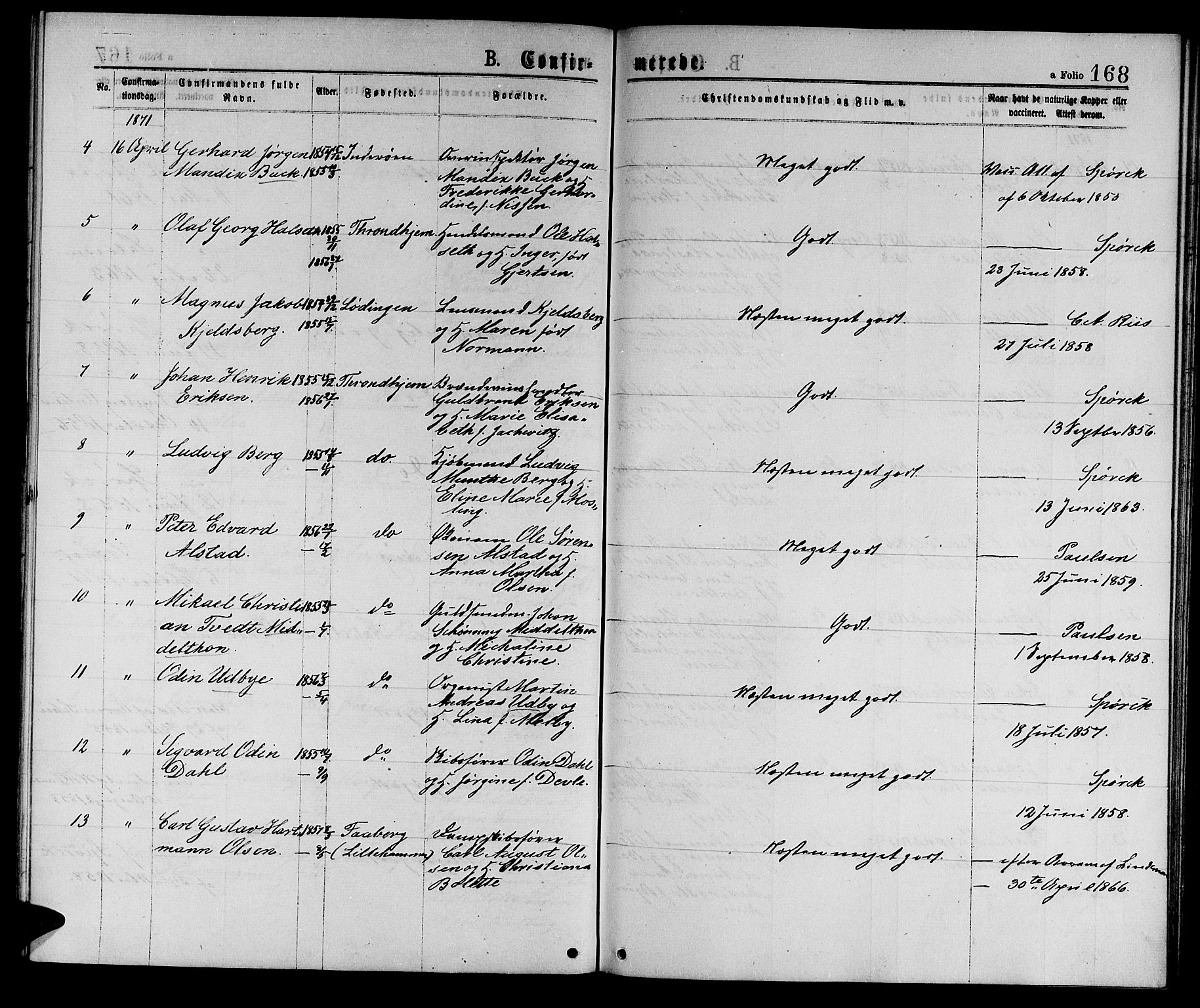 Ministerialprotokoller, klokkerbøker og fødselsregistre - Sør-Trøndelag, AV/SAT-A-1456/601/L0088: Parish register (copy) no. 601C06, 1870-1878, p. 168