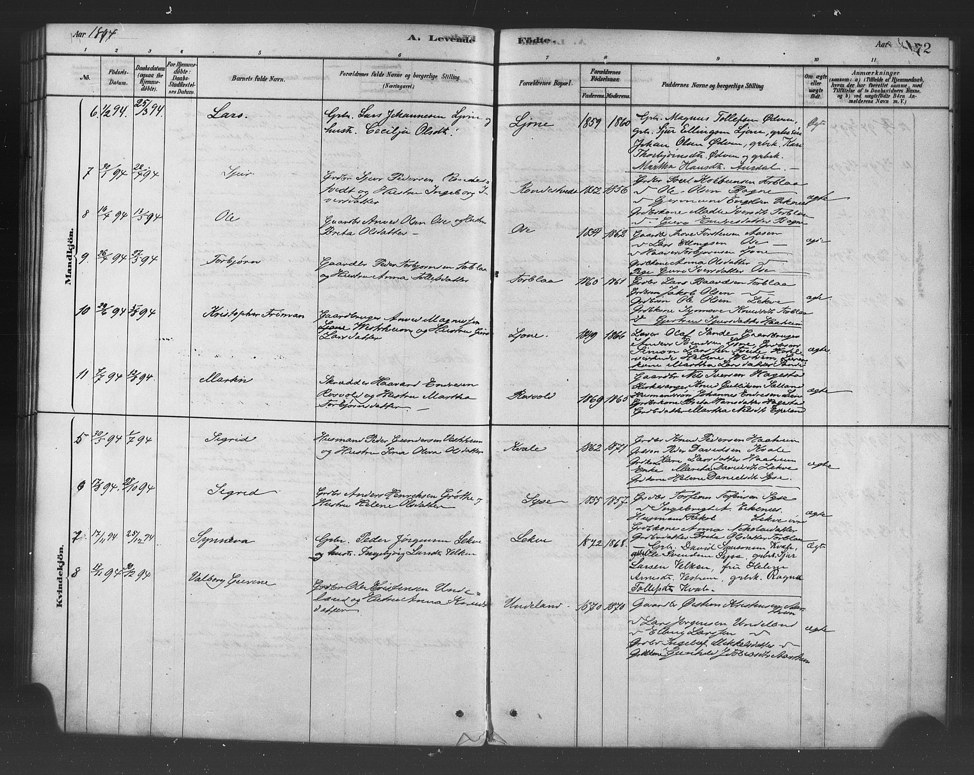 Ulvik sokneprestembete, SAB/A-78801/H/Haa: Parish register (official) no. B 1, 1878-1897, p. 72