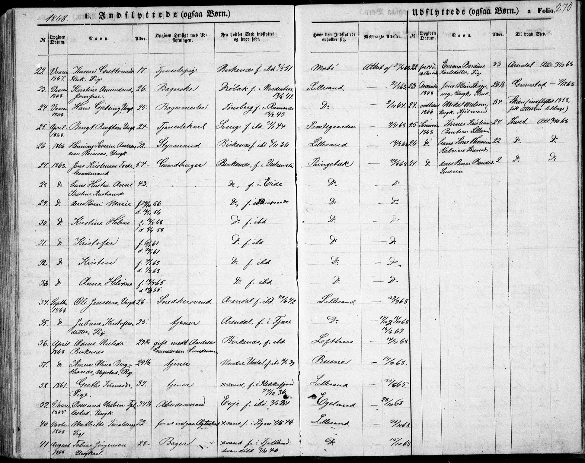 Vestre Moland sokneprestkontor, AV/SAK-1111-0046/F/Fb/Fbb/L0004: Parish register (copy) no. B 4, 1861-1872, p. 275