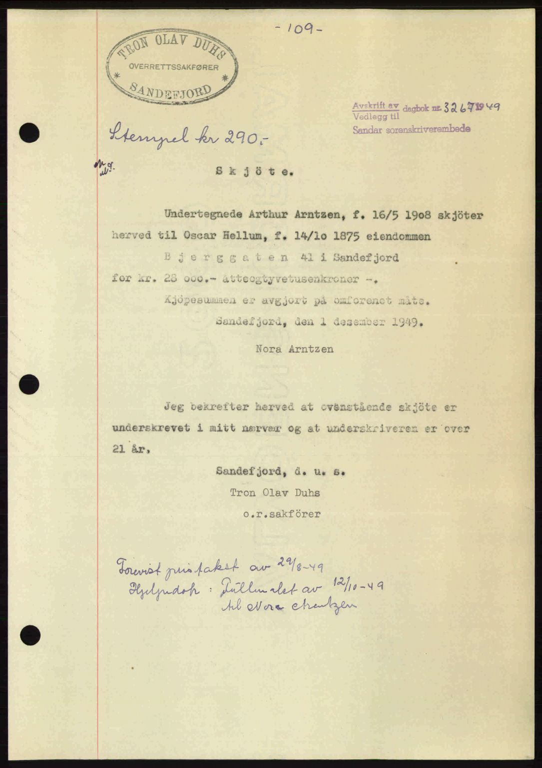 Sandar sorenskriveri, SAKO/A-86/G/Ga/Gaa/L0020: Mortgage book no. A-20, 1949-1950, Diary no: : 3267/1949