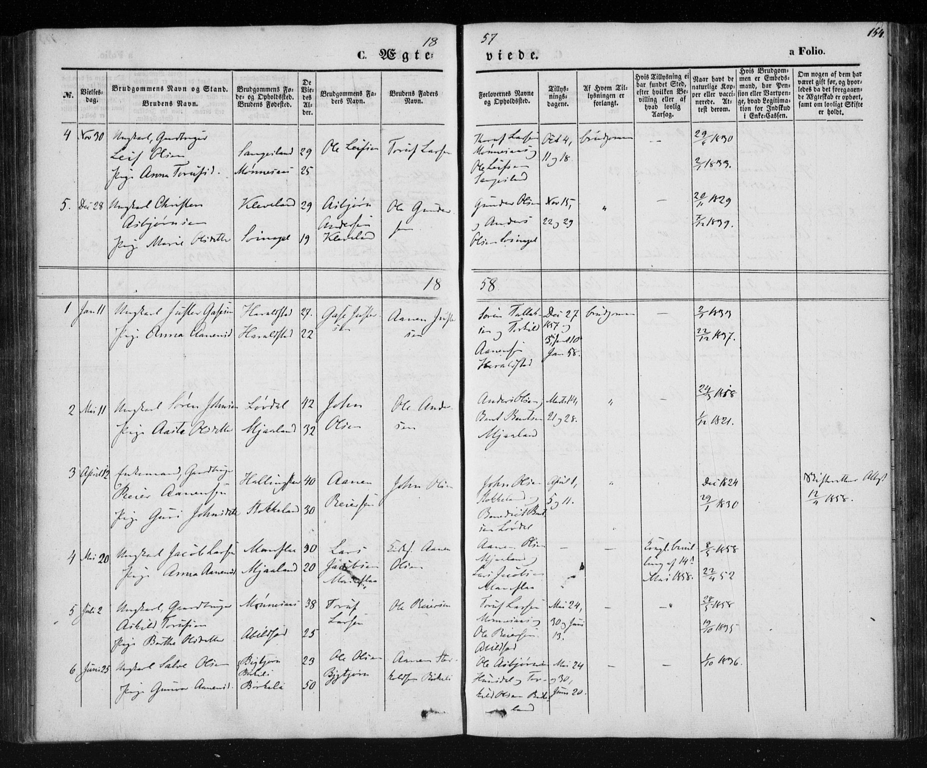 Holum sokneprestkontor, AV/SAK-1111-0022/F/Fa/Fab/L0005: Parish register (official) no. A 5, 1847-1874, p. 154