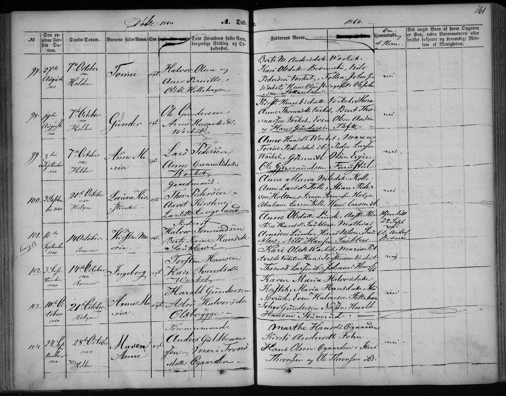 Holla kirkebøker, SAKO/A-272/F/Fa/L0005: Parish register (official) no. 5, 1849-1860, p. 161