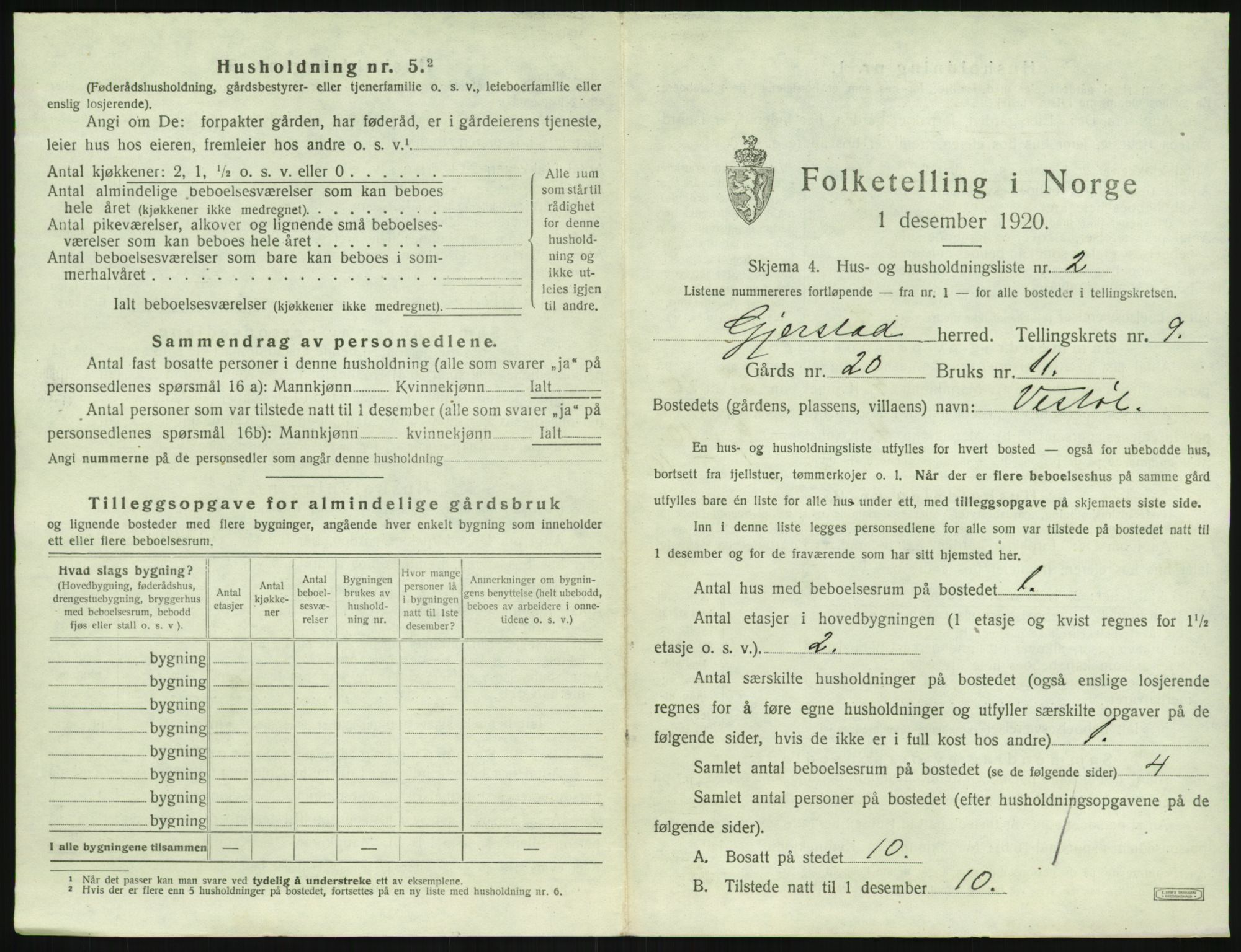 SAK, 1920 census for Gjerstad, 1920, p. 897