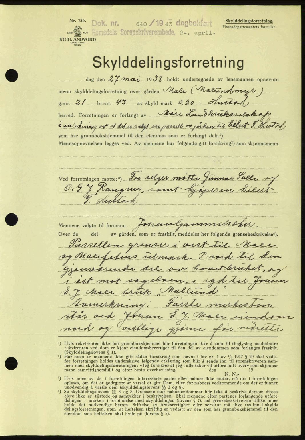 Romsdal sorenskriveri, AV/SAT-A-4149/1/2/2C: Mortgage book no. A14, 1943-1943, Diary no: : 640/1943