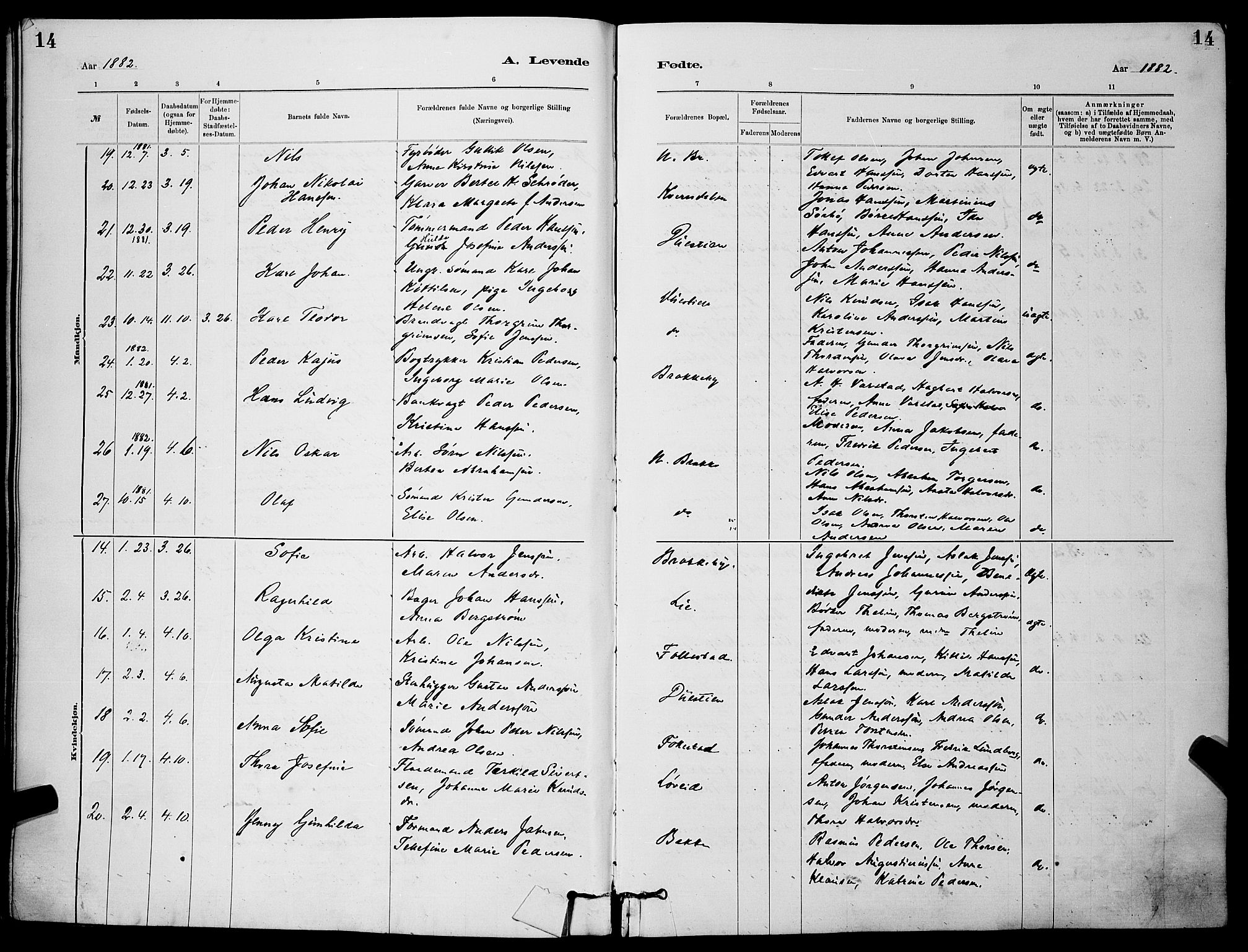 Skien kirkebøker, SAKO/A-302/G/Ga/L0006: Parish register (copy) no. 6, 1881-1890, p. 14