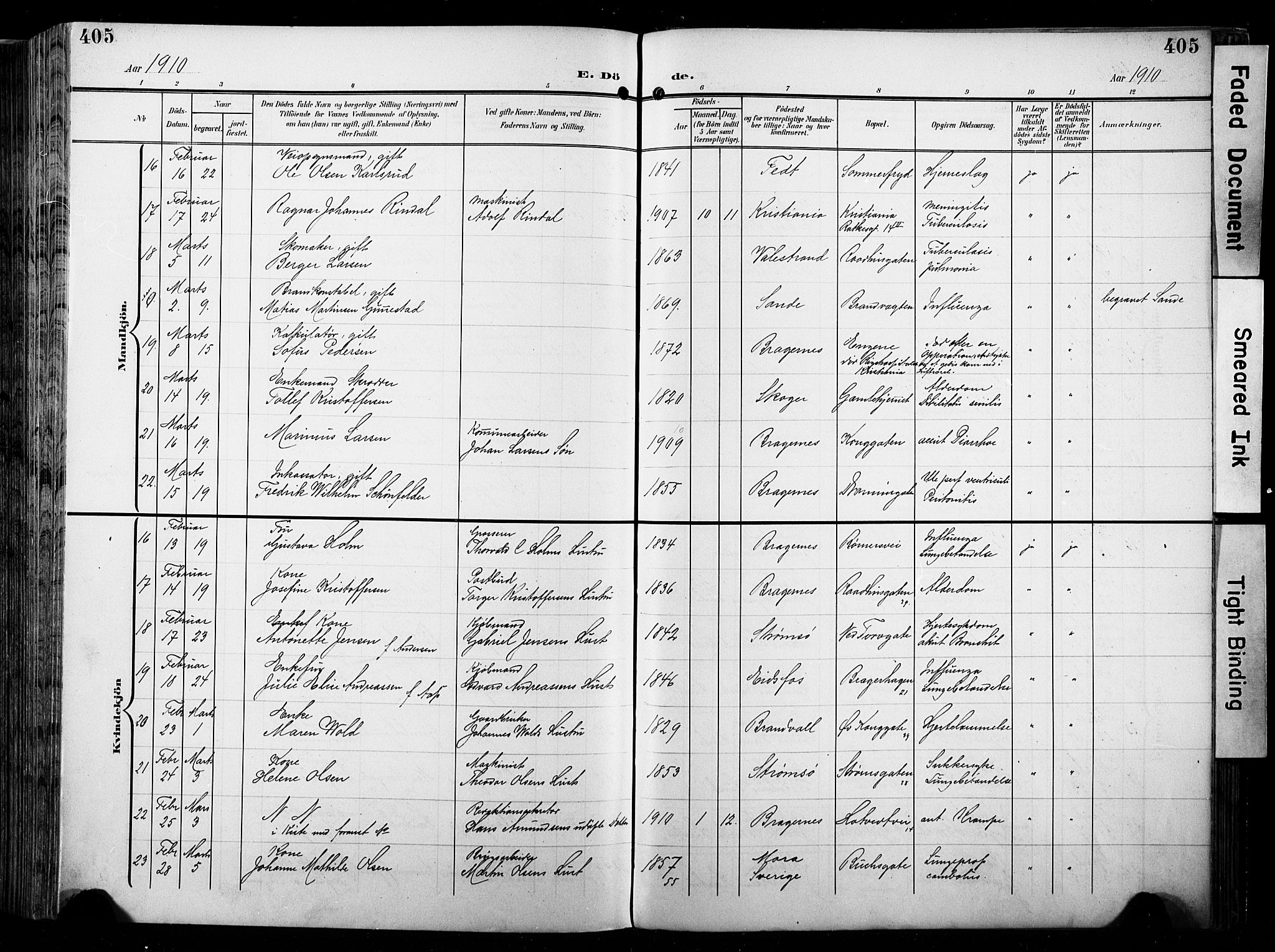 Bragernes kirkebøker, AV/SAKO-A-6/F/Fb/L0009: Parish register (official) no. II 9, 1902-1911, p. 405