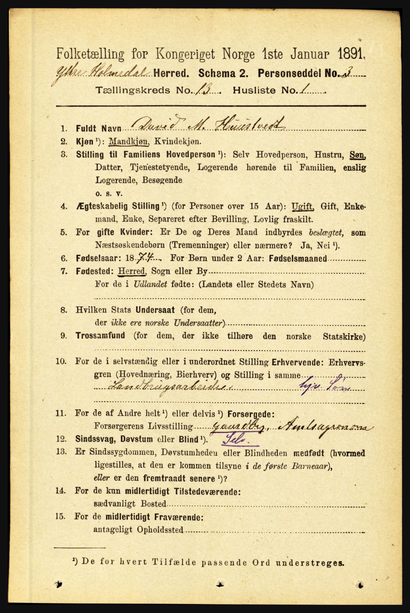 RA, 1891 census for 1429 Ytre Holmedal, 1891, p. 3433