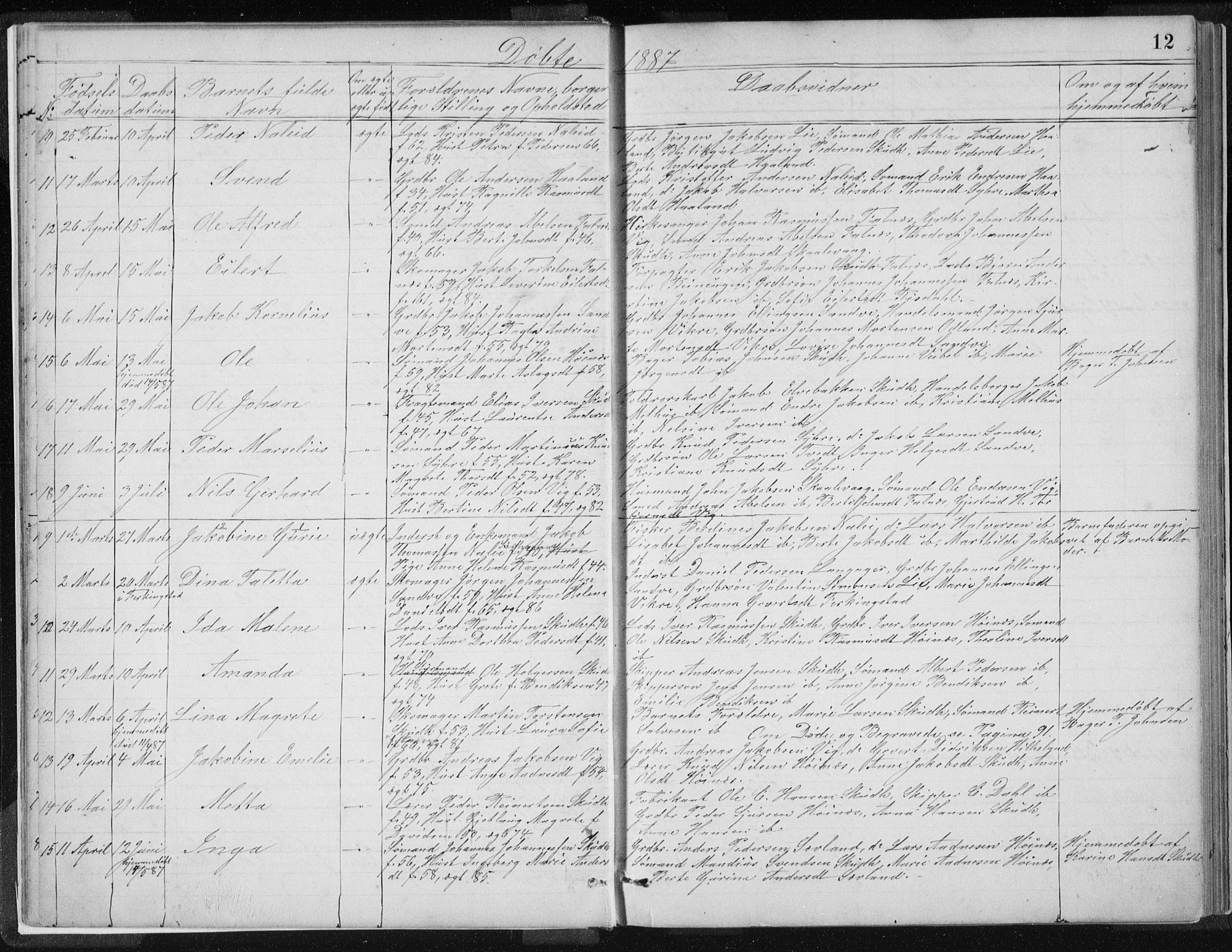 Skudenes sokneprestkontor, AV/SAST-A -101849/H/Ha/Hab/L0007: Parish register (copy) no. B 7, 1885-1899, p. 12