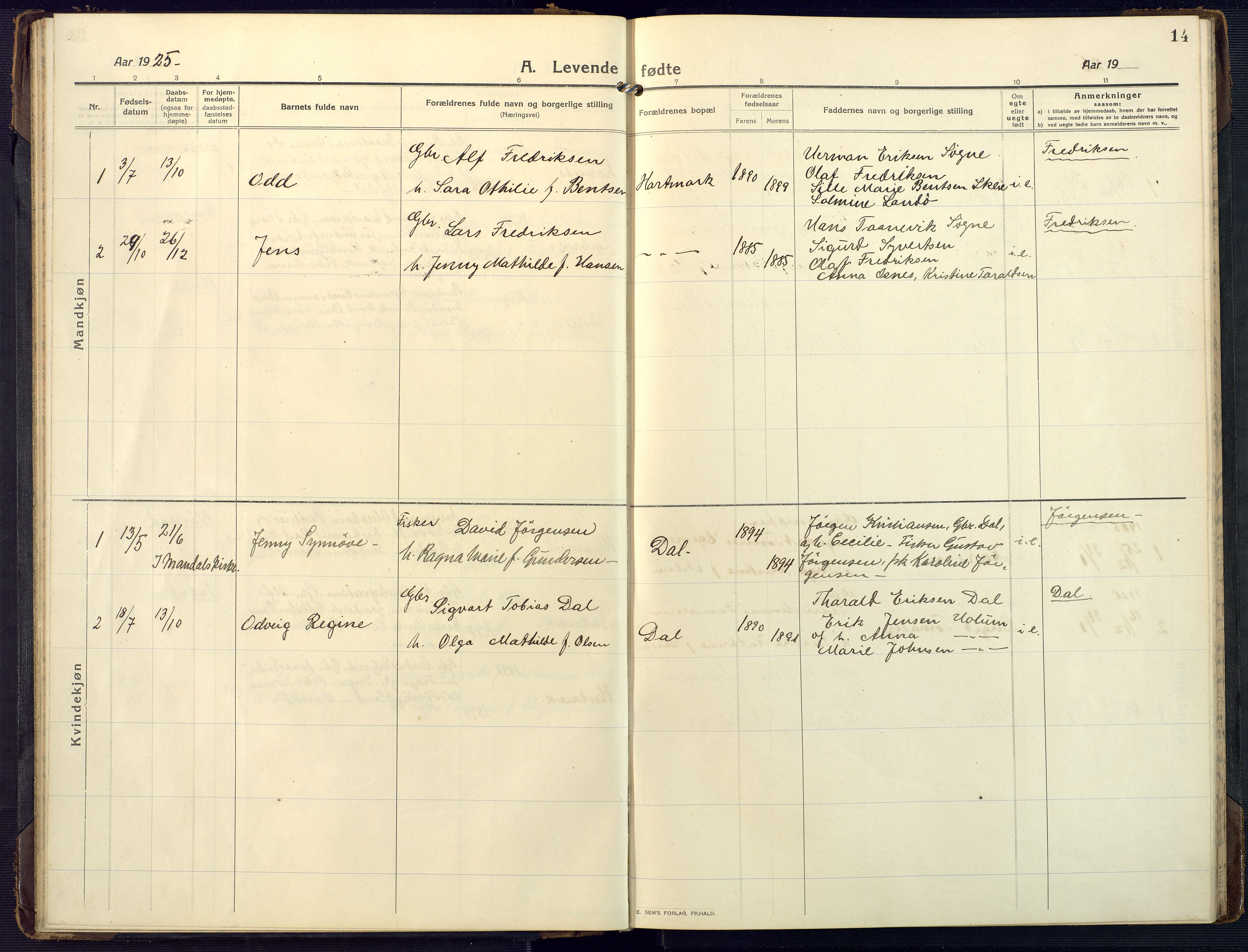 Mandal sokneprestkontor, SAK/1111-0030/F/Fa/Fab/L0003: Parish register (official) no. A 3, 1913-1933, p. 14