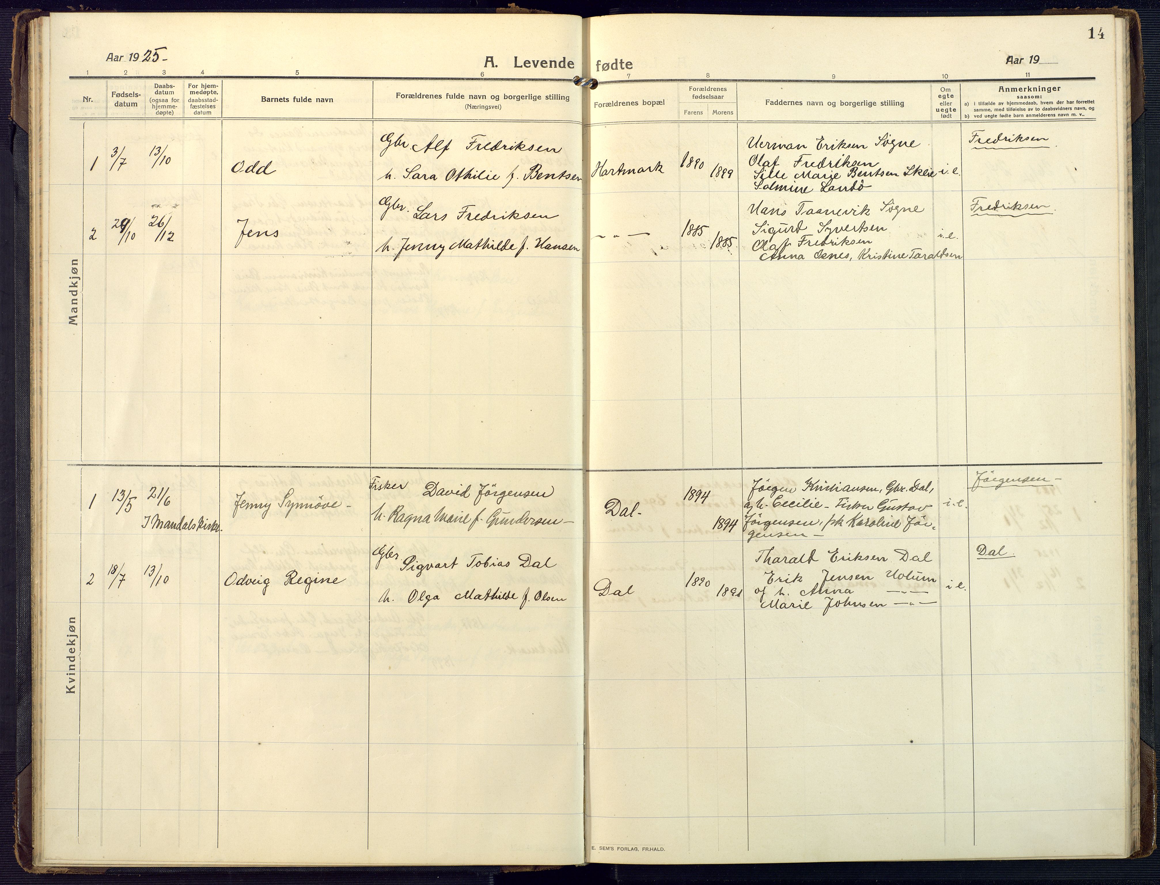 Mandal sokneprestkontor, AV/SAK-1111-0030/F/Fa/Fab/L0003: Parish register (official) no. A 3, 1913-1933, p. 14