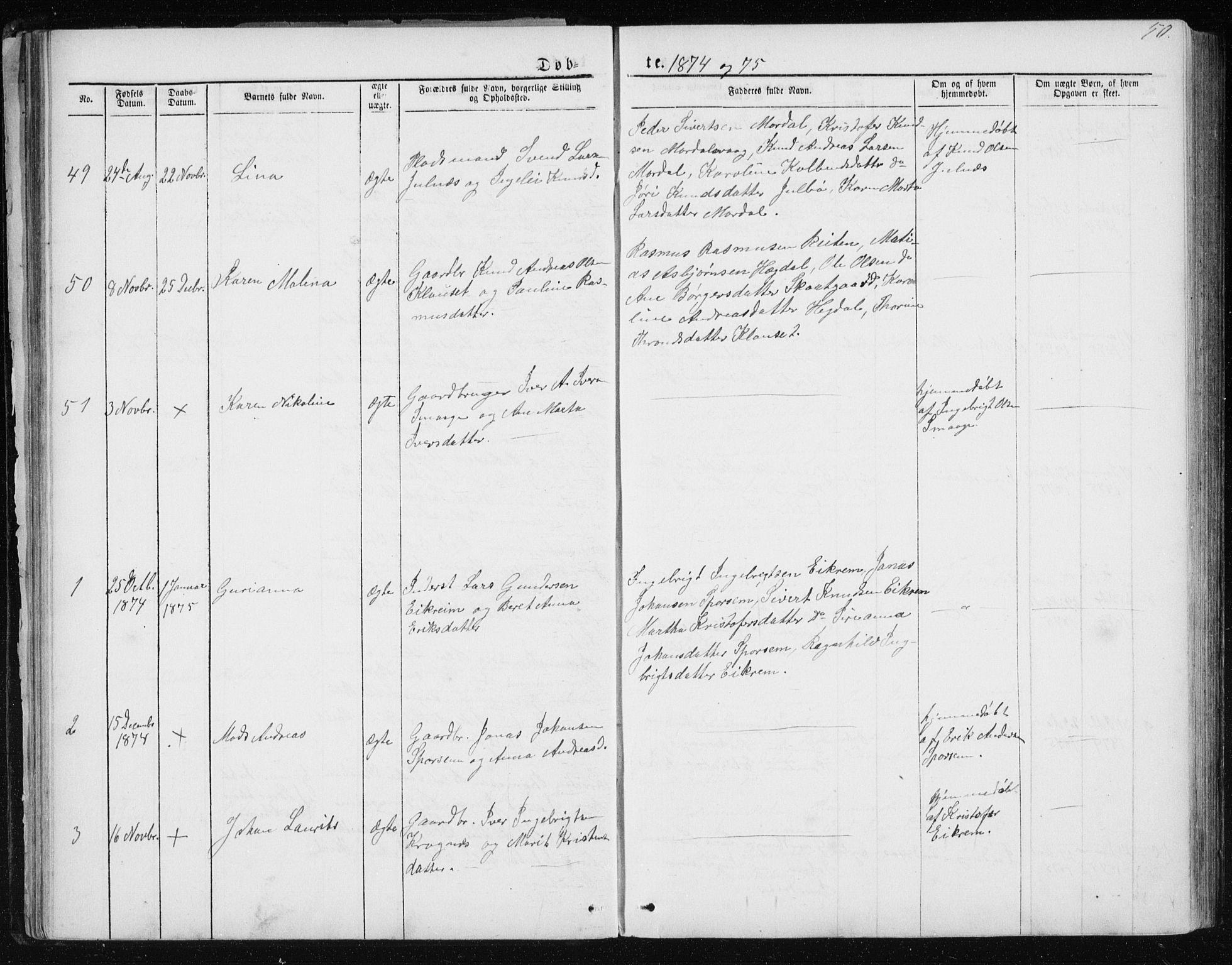 Ministerialprotokoller, klokkerbøker og fødselsregistre - Møre og Romsdal, SAT/A-1454/560/L0724: Parish register (copy) no. 560C01, 1867-1892, p. 50