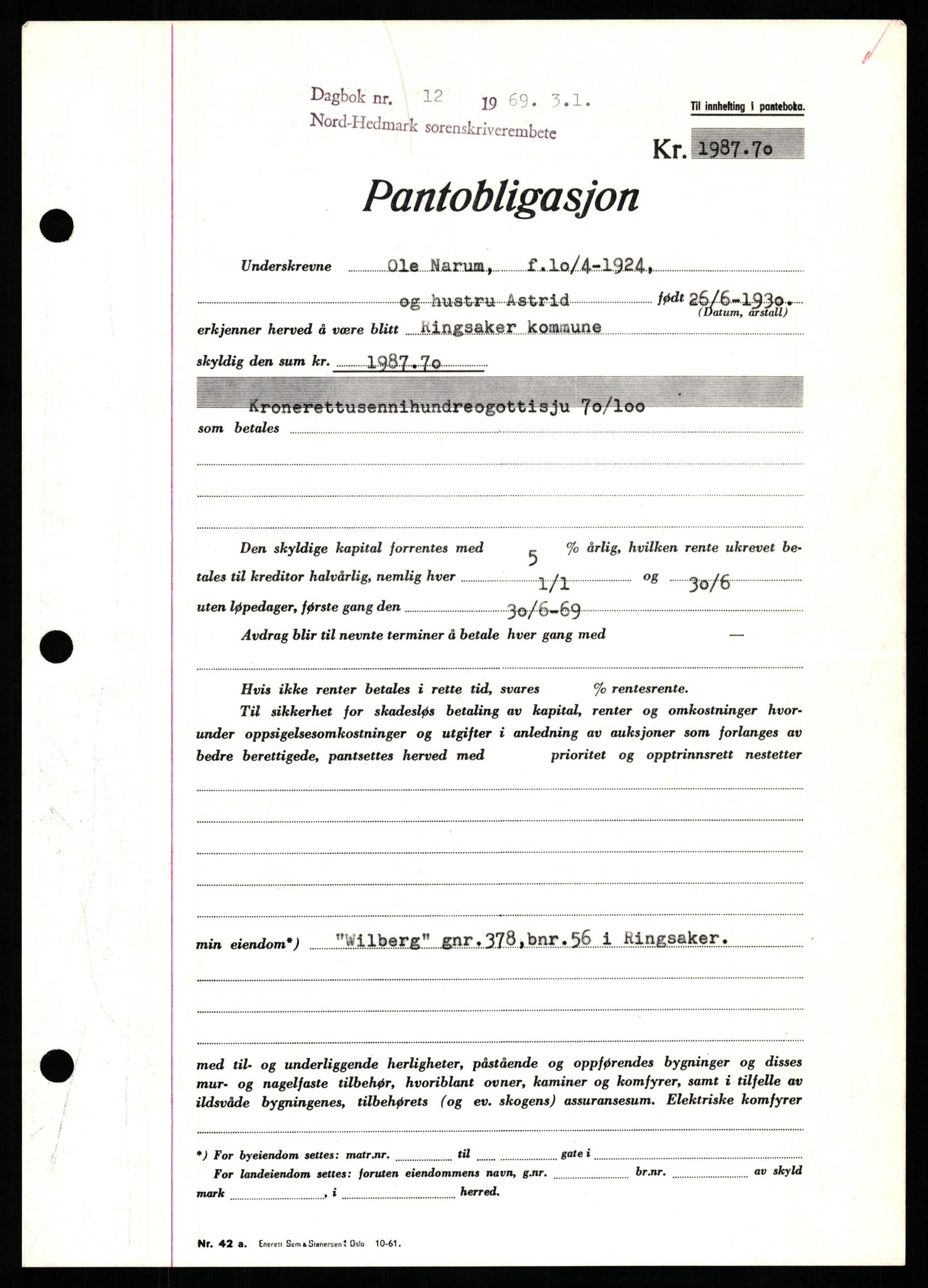 Nord-Hedmark sorenskriveri, SAH/TING-012/H/Hb/Hbf/L0077: Mortgage book no. B77, 1968-1969, Diary no: : 12/1969