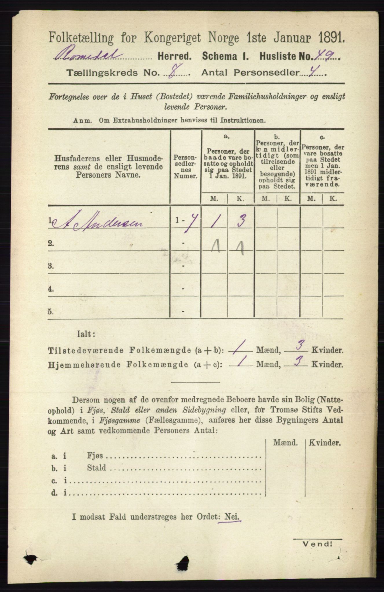 RA, 1891 census for 0416 Romedal, 1891, p. 3960