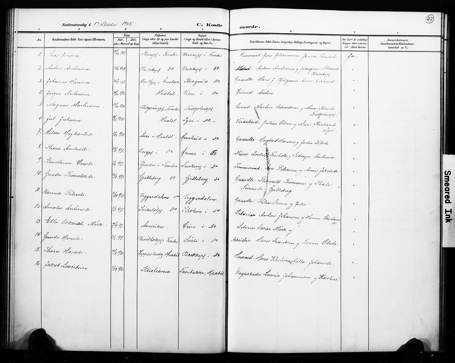 Hobøl prestekontor Kirkebøker, SAO/A-2002/G/Ga/L0001: Parish register (copy) no. I 1, 1905-1927, p. 47