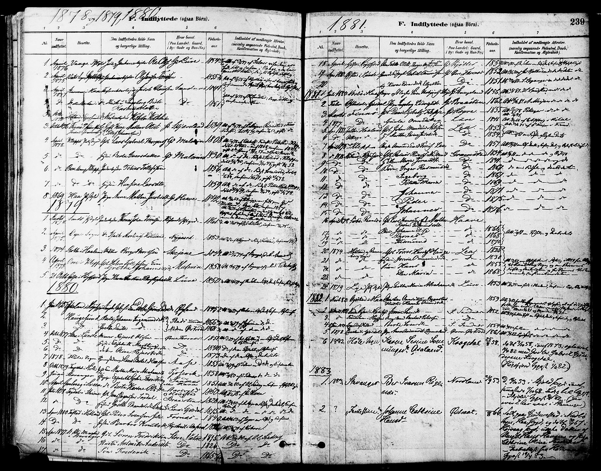 Høyland sokneprestkontor, AV/SAST-A-101799/001/30BA/L0011: Parish register (official) no. A 10, 1878-1888, p. 239