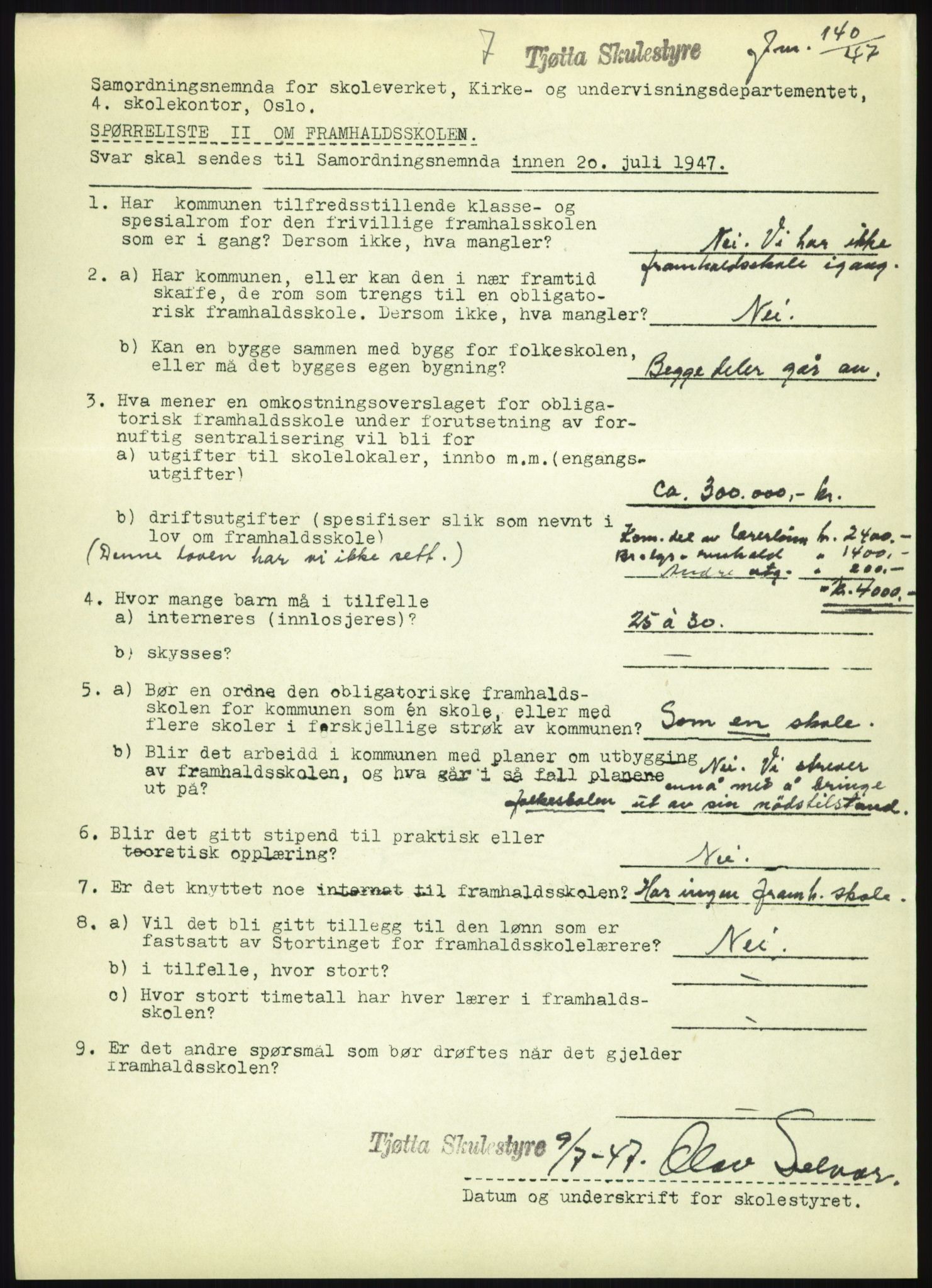 Kirke- og undervisningsdepartementet, Samordningsnemnda for skoleverket, AV/RA-S-1146/D/L0008: Svar på spørreskjema fra kommuner i Nord-Trøndelag, Nordland, Troms og Finnmark, 1947, p. 465