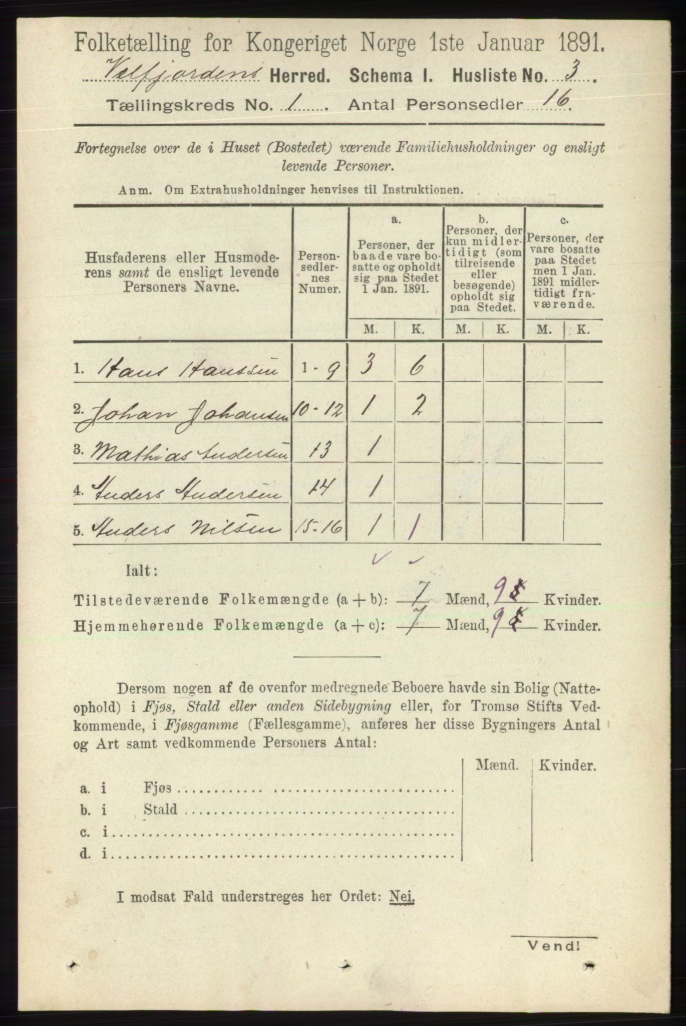 RA, 1891 census for 1813 Velfjord, 1891, p. 16