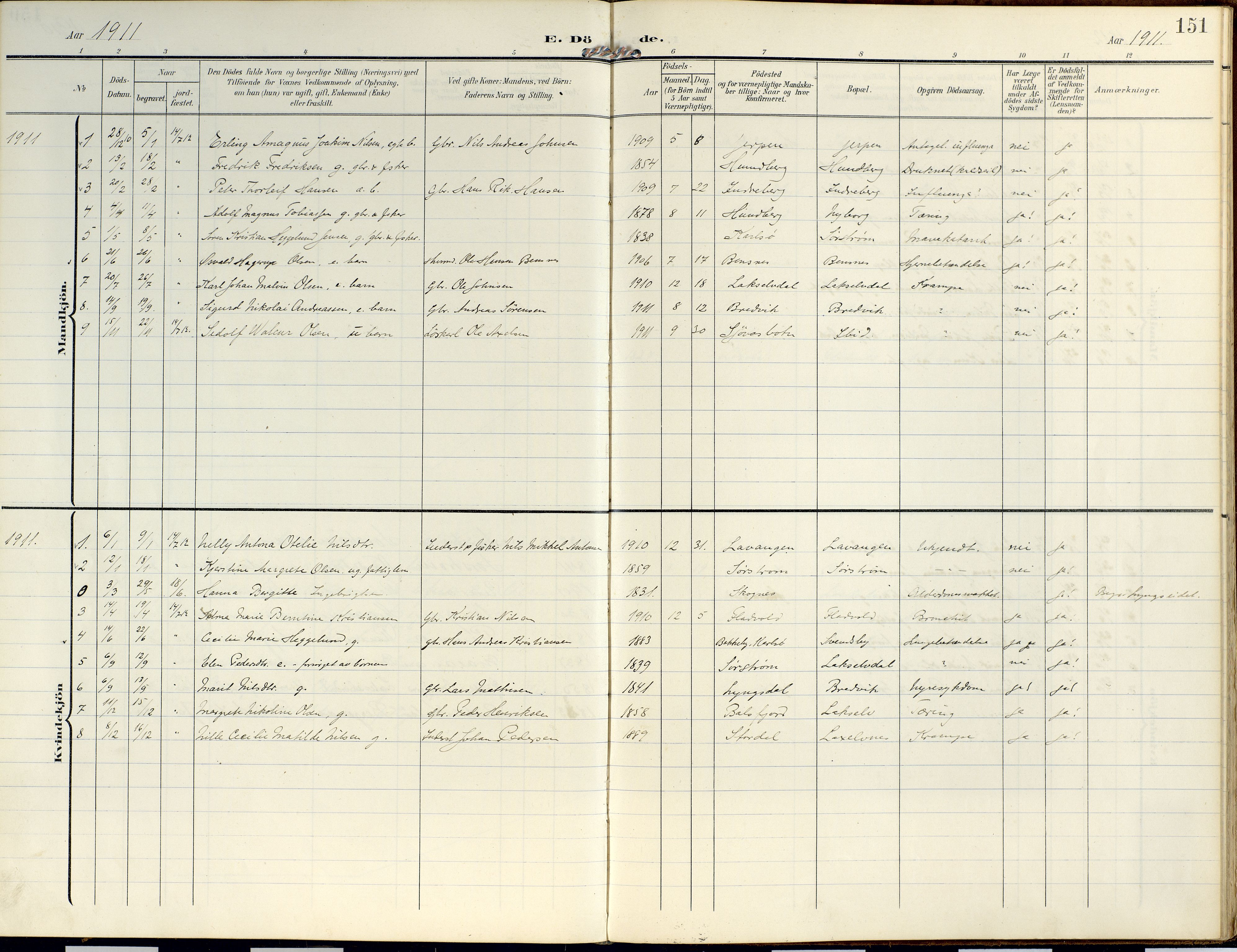 Lyngen sokneprestembete, SATØ/S-1289/H/He/Hea/L0014kirke: Parish register (official) no. 14, 1905-1920, p. 151