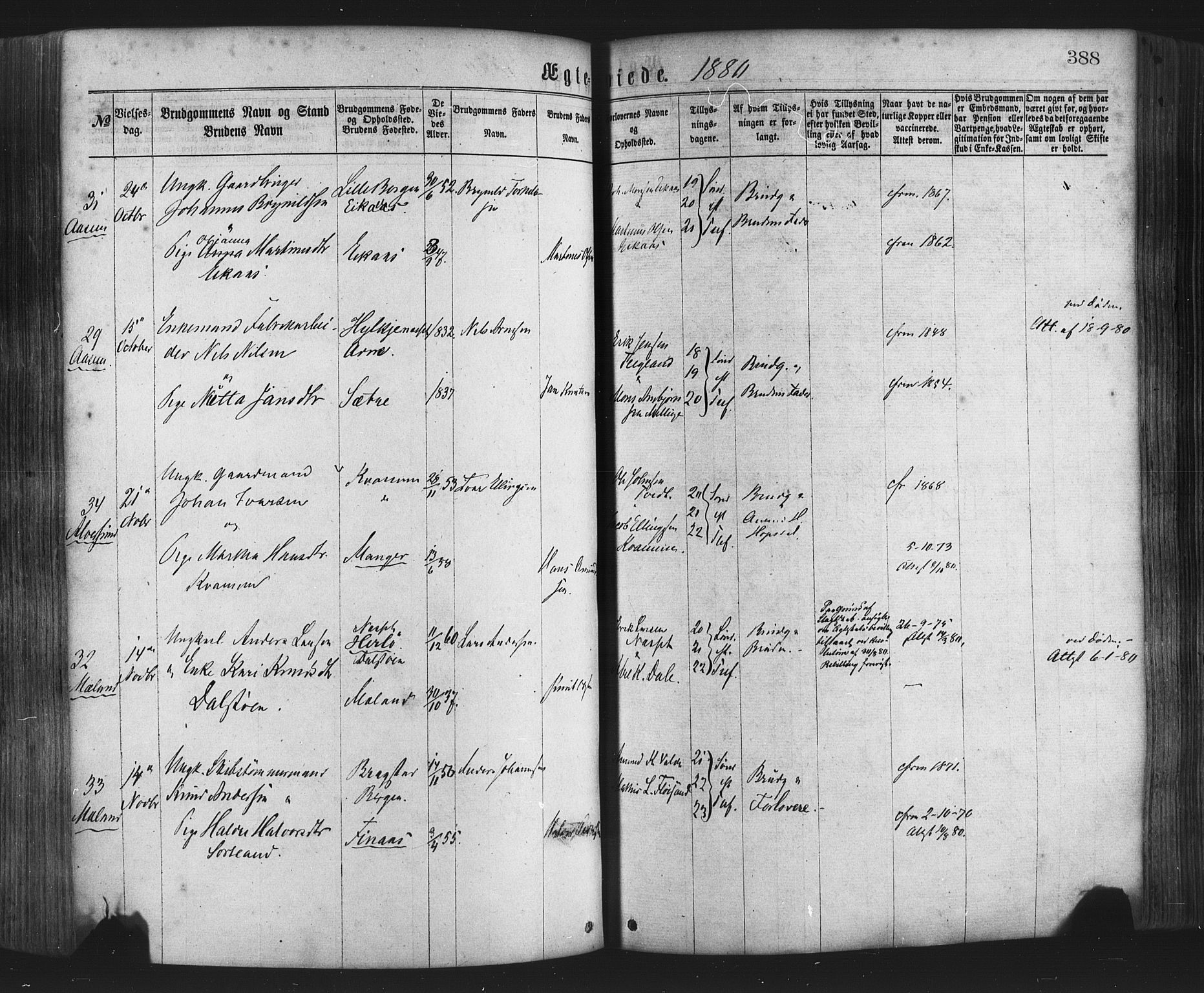 Hamre sokneprestembete, AV/SAB-A-75501/H/Ha/Haa/Haaa/L0015: Parish register (official) no. A 15, 1870-1881, p. 388